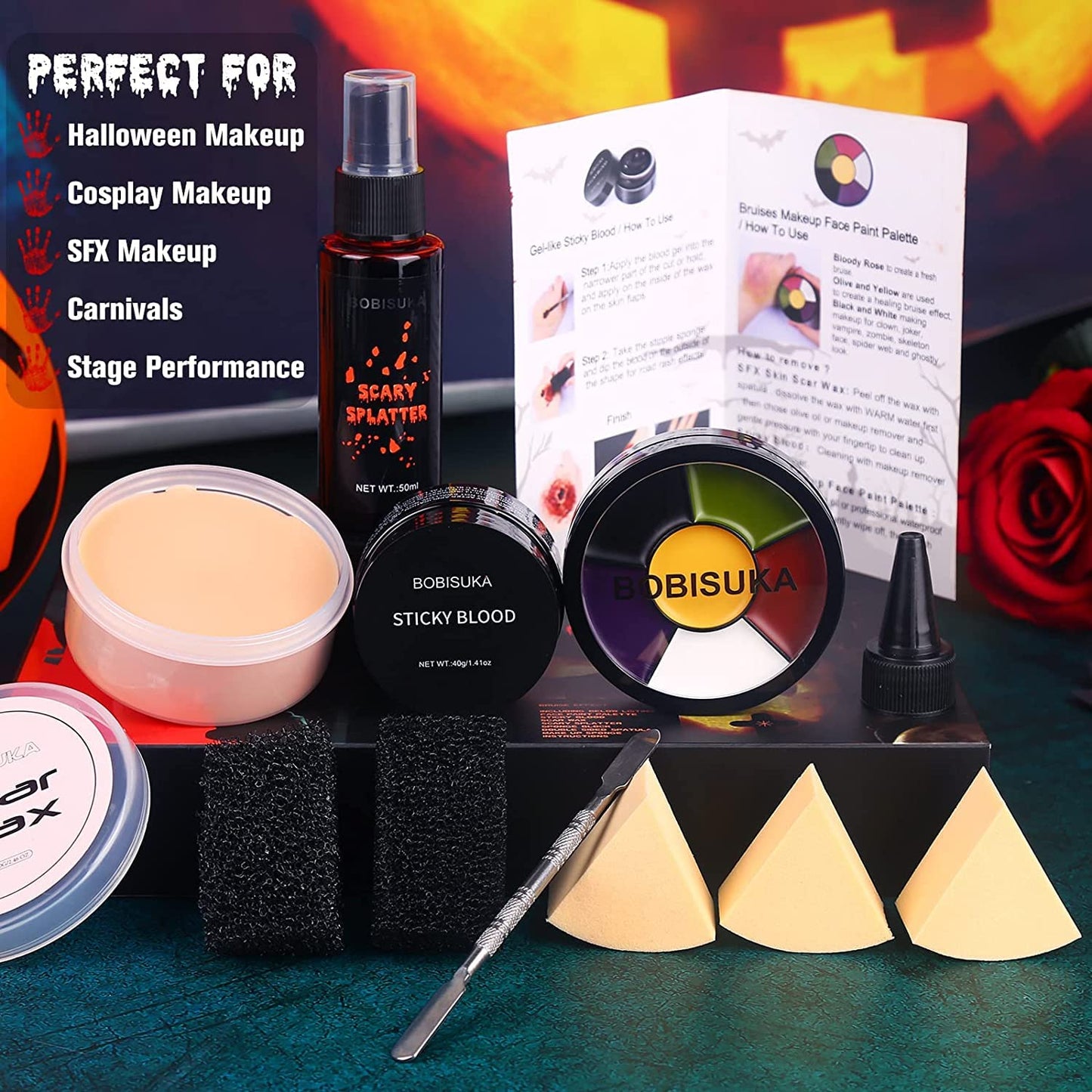 BOBISUKA Special Effects SFX Halloween Makeup Kit - 5 Colors Bruise Makeup Face Body Painting Palette + Scar Wax with Spatula Tool + Fake Blood Splatter Spray + Fake Blood Cream + Stipple Sponges
