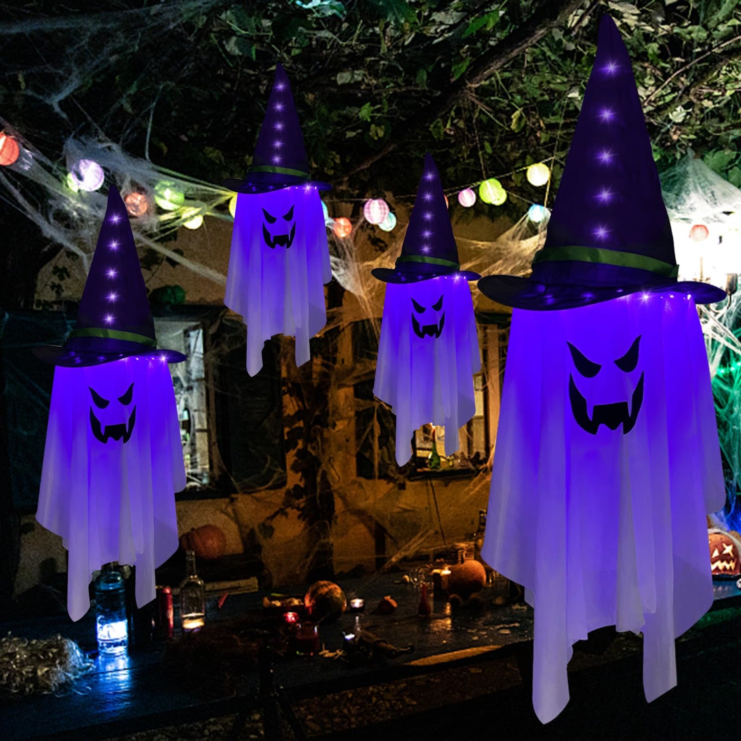 Jsdoin Halloween Decorations Hanging Ghost Lighted Flying Ghost Grim Reaper Skull Chains Glowing Ghost White Ghost Wizard Hat for Garden Yard Halloween Party Tree Door Lawn Party Supplies