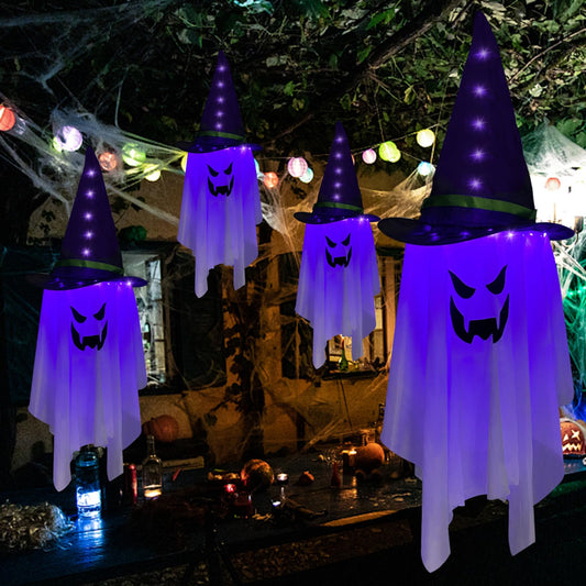 Illuminated Halloween hanging ghost with wizard hat and grimace expression