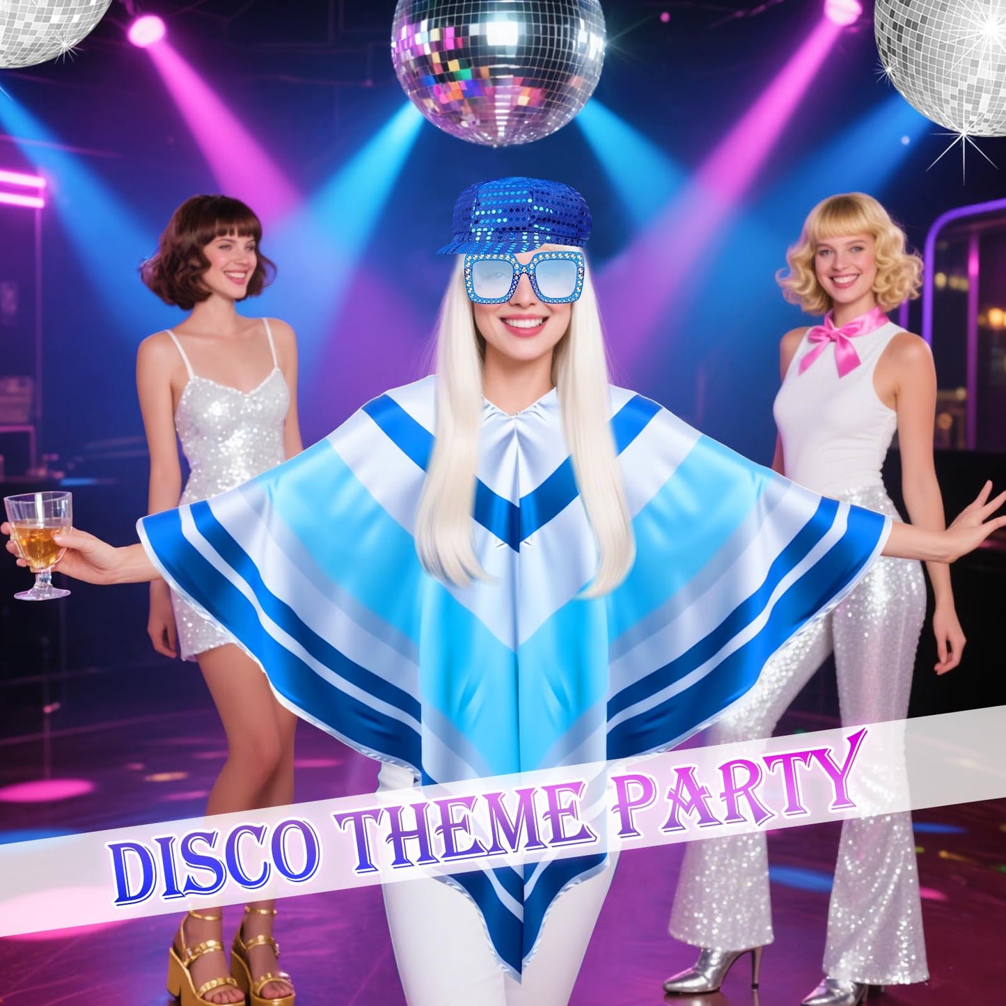 Kyndara 5Pcs Abba Fancy Dress Costume for Women, 1970s Disco Accessories Set with Disco Poncho Hat Wig Earrings Glasses for Adults Retro 70 Theme Party Dance