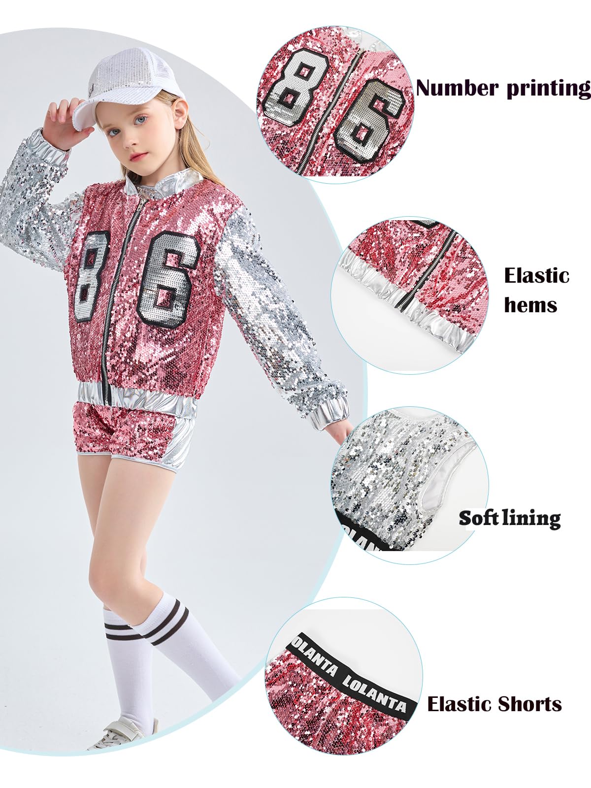 4-Piece Girls Hip Hop Sequins Costume - Sparkly Graphic Jacket (image 3)