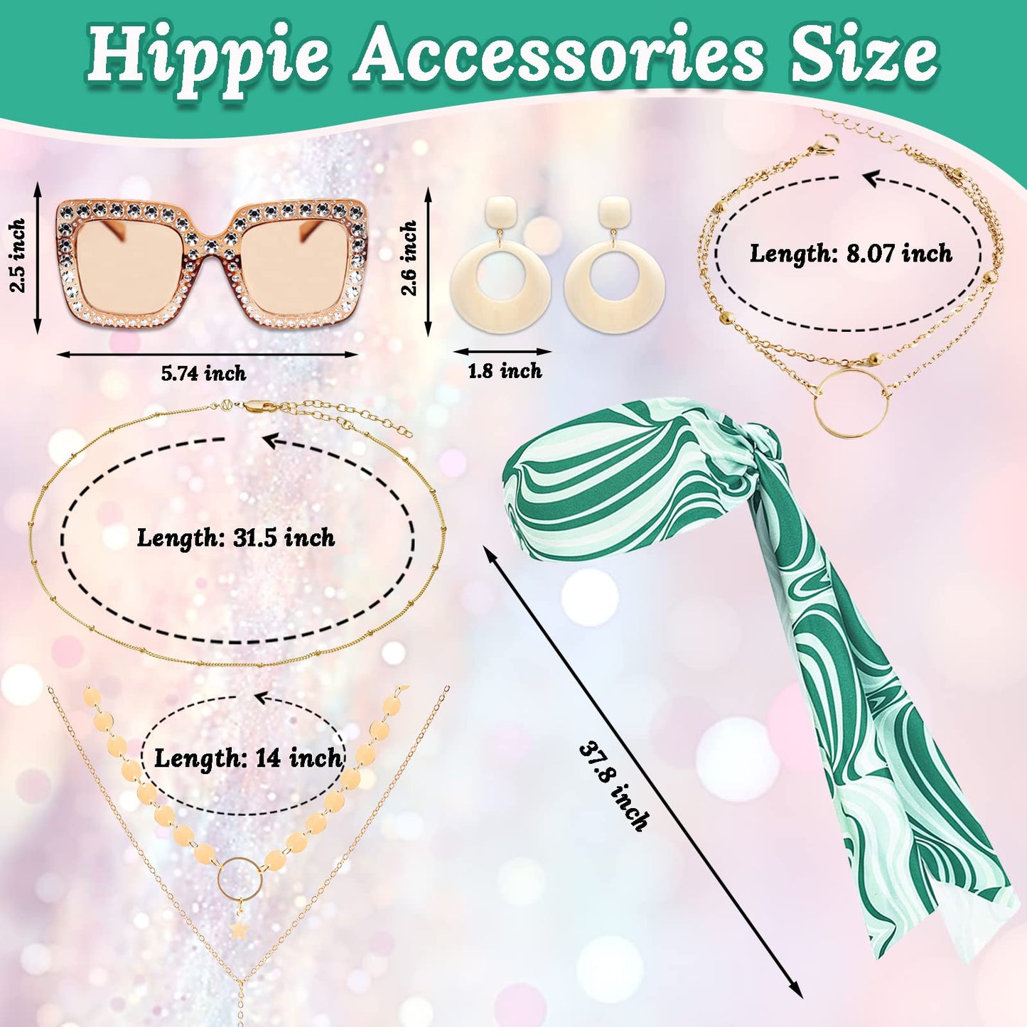 60/70s Disco Fancy Dress for Women, 1970s Hippie Costume Outfit with Flared Top Trousers Headband Necklace Earrings Bracelet Waist Chain Glasses Hippy Style Clothes for Ladies Dress Up Retro Party
