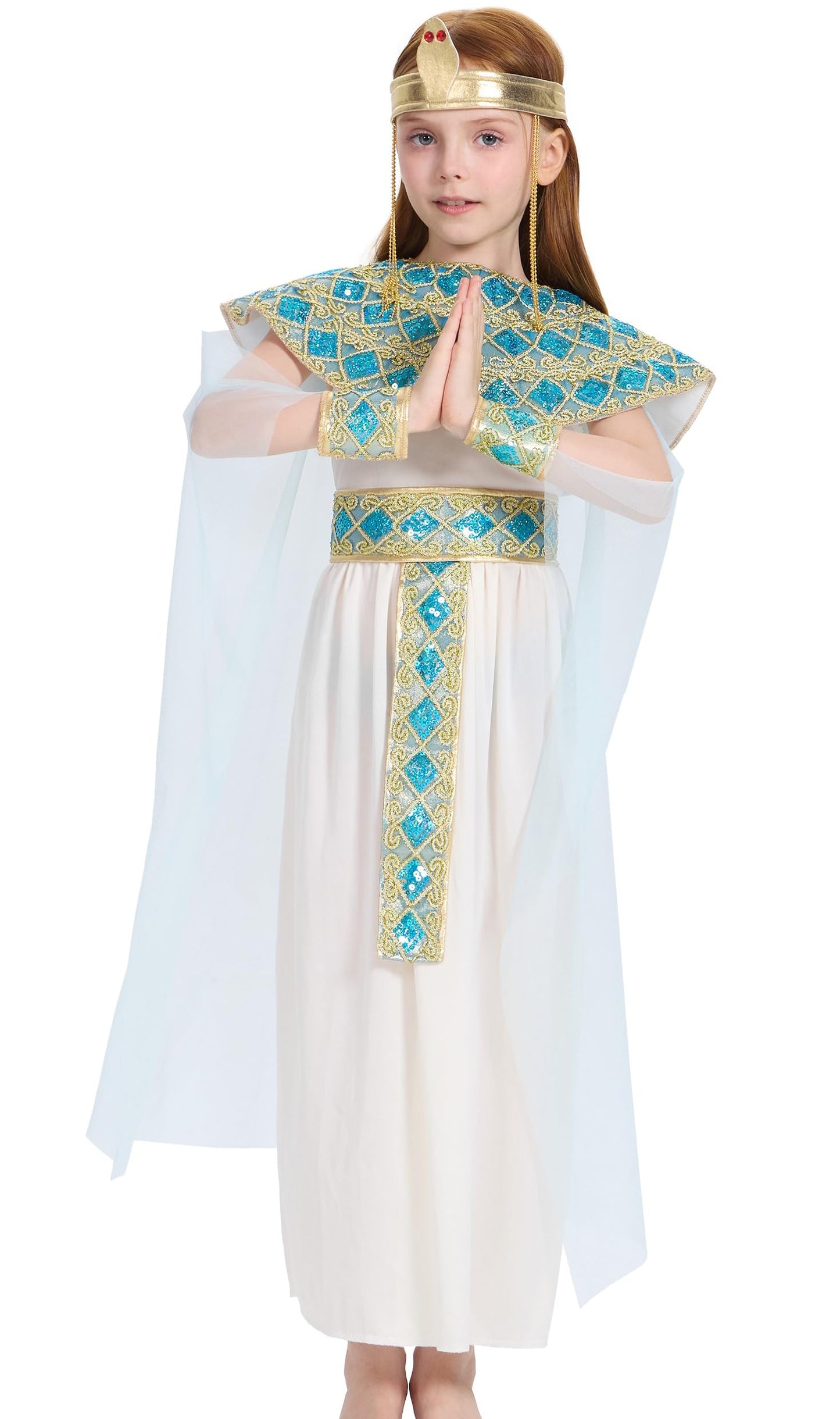 IKALI Girls Cleopatra Costume, 5 Pcs Egyptian Queen Dress Ancient Outfit for Kids Egyptian Girl World Book Day 8-10 Years