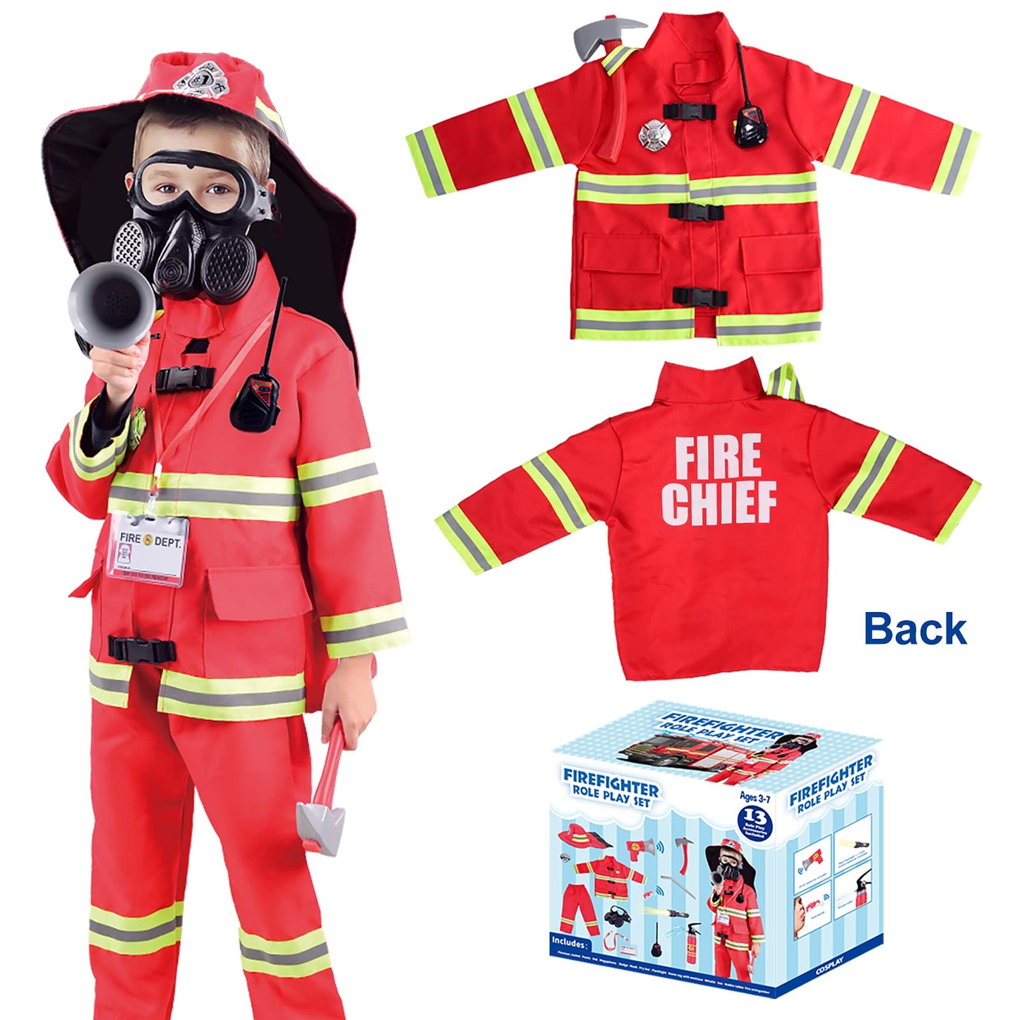 Lesheng space 13 piece Fireman Costume for Boys and Girls Fancy Dress for Kids & Toddlers Firefighter Dress-Up Toy Set Fire Chief Pretend Role Play for Kids Age 3 to 7