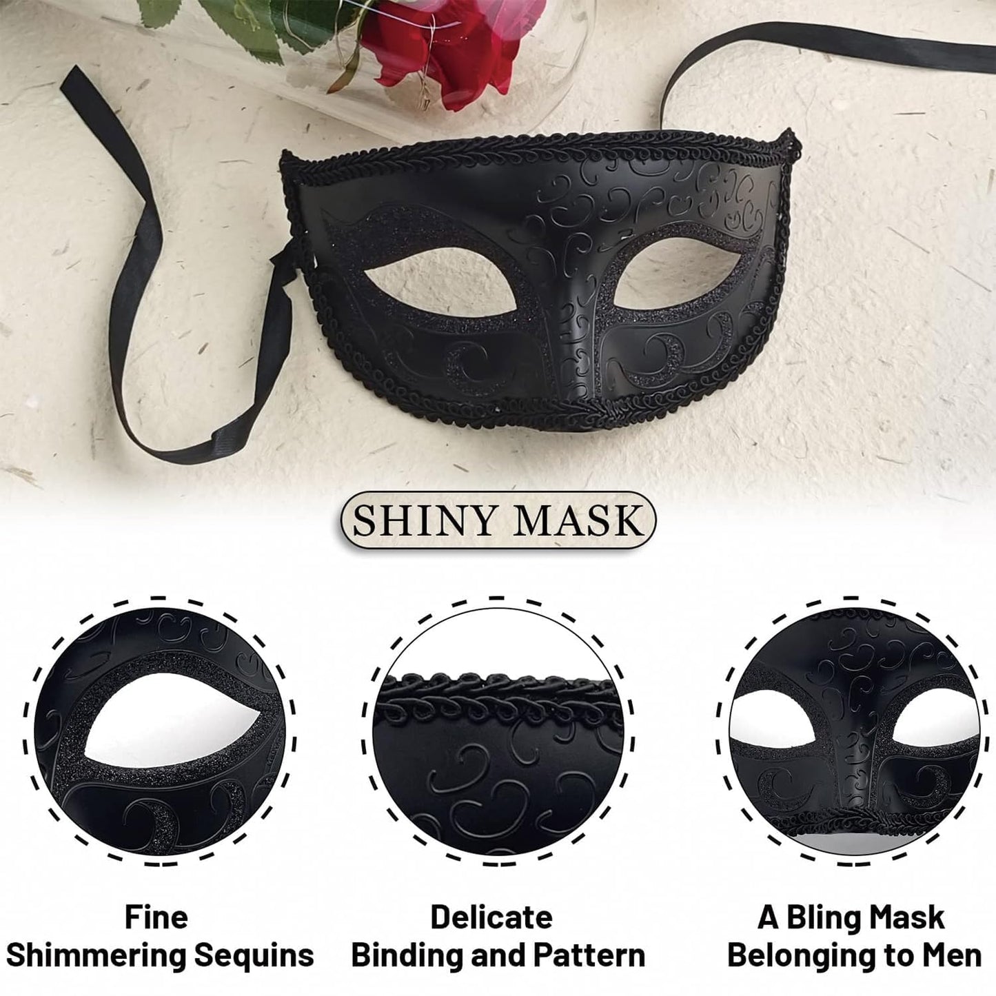 SGETHCH Masquerade Mask, Adjustable Masquerade Ball Masks, Elegant Black Masquerades Mask for Men,Venetian Mysterious Men Masquerades Masks, for Halloween Party Mardi Gras heater Costume Photoshoot