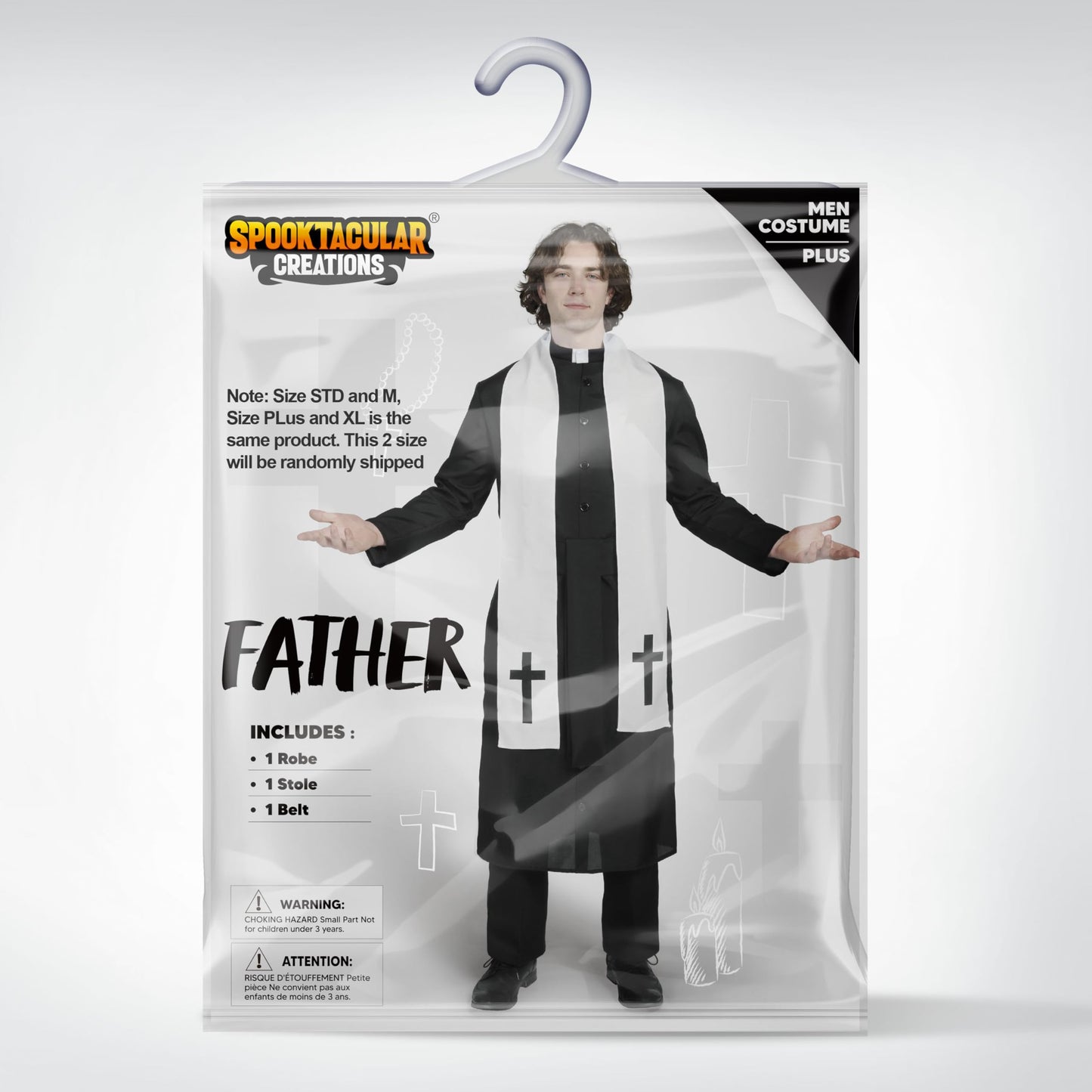 Spooktacular Creations Adult Men’s Black Priest Father Robe Stole, Priest Costume for Halloween Dress Up Party Cosplay (XL)