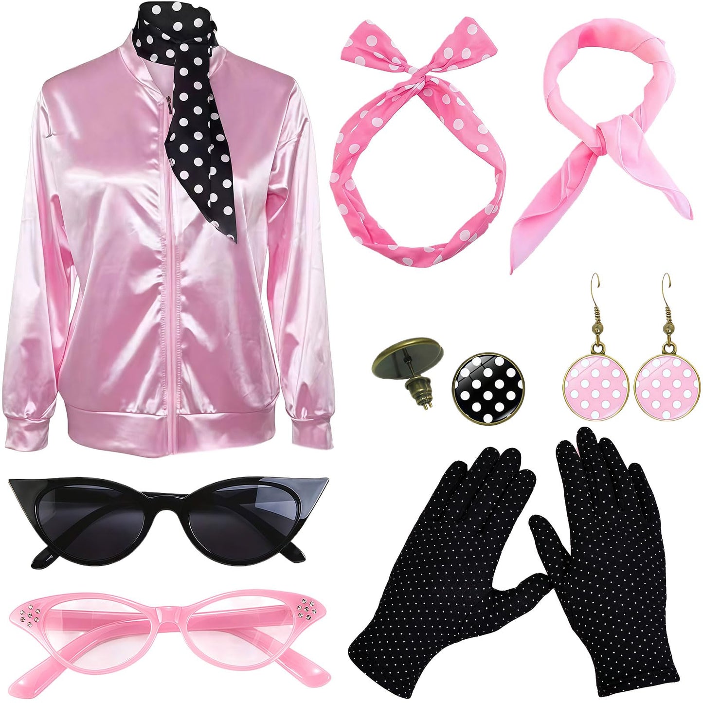 MUNSKT Pink Lady Jacket,Women Fancy Dress Costumes,1950S Costume Outfits,50s Pink Ladies Jacket with Accessories Halloween Cosplay Costume (L)