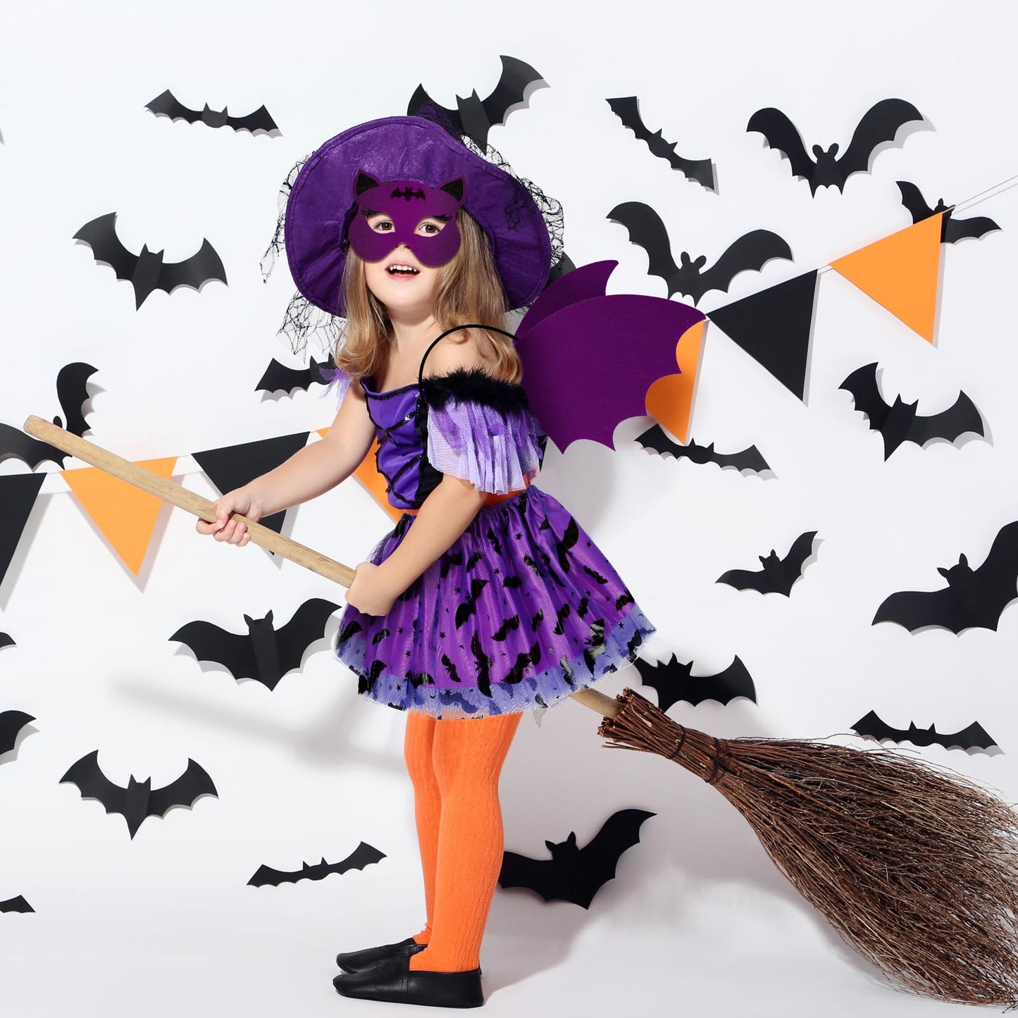 HONMOK 3 Piece Girls Bat Wings Costume, Halloween Purple Bat Fancy Dress Outfit Include Bat Tutu Skirt & Bat Eyemask & Bat Wings, for 3-10y Kids Halloween Costume Cosplay Accessories