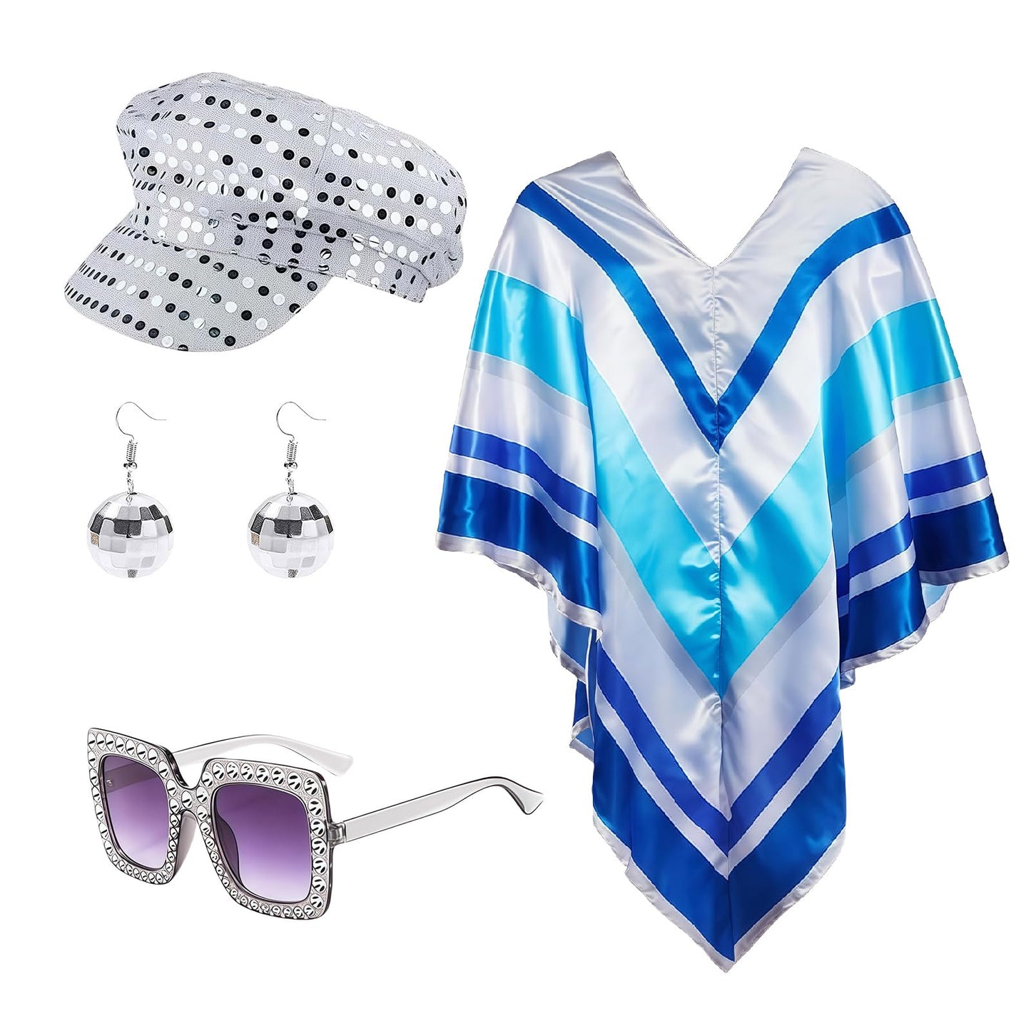 louuuou 70s Outfits For Women Halloween Costume 4pcs Set, Fancy Dress Costumes For Women Disco Party Poncho Cape With Silver Glitter Hat Glasses Earrings Fancy Dress