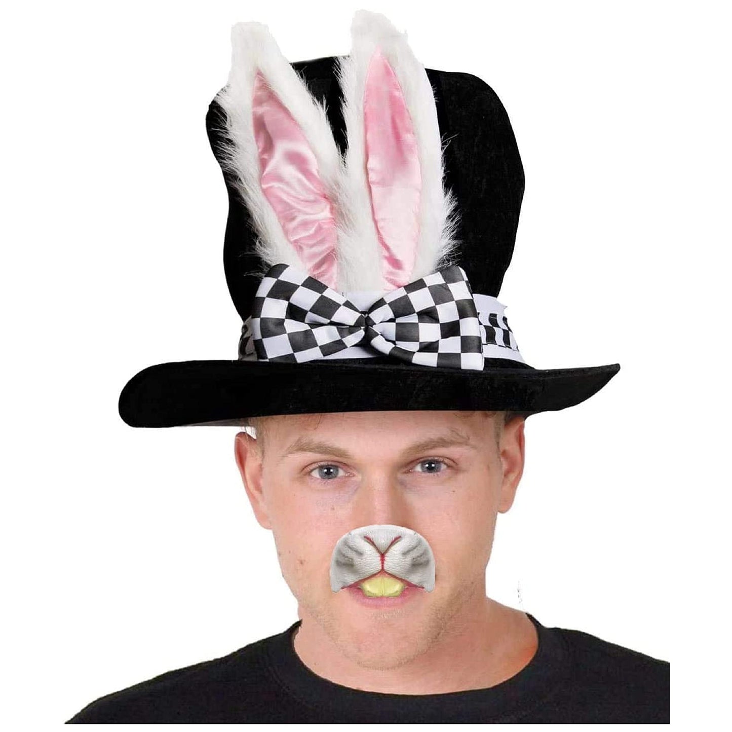 Adults Deluxe Wonderland Rabbit Hat With Large Ears and Attached Bow + Rabbit Nose Perfect for School Book Week + World Book Day Fancy Dress Costume Accessory Black