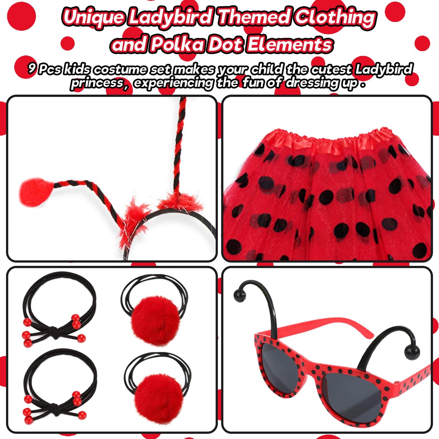 9 Pcs Ladybird Costume Kids, Spotty Tutu for Girls Fancy Dress, Animal costume Kids with Accessories, Party Outfit Performance Costume Sets, Halloween World Book Day Costumes for Girls Cosplay