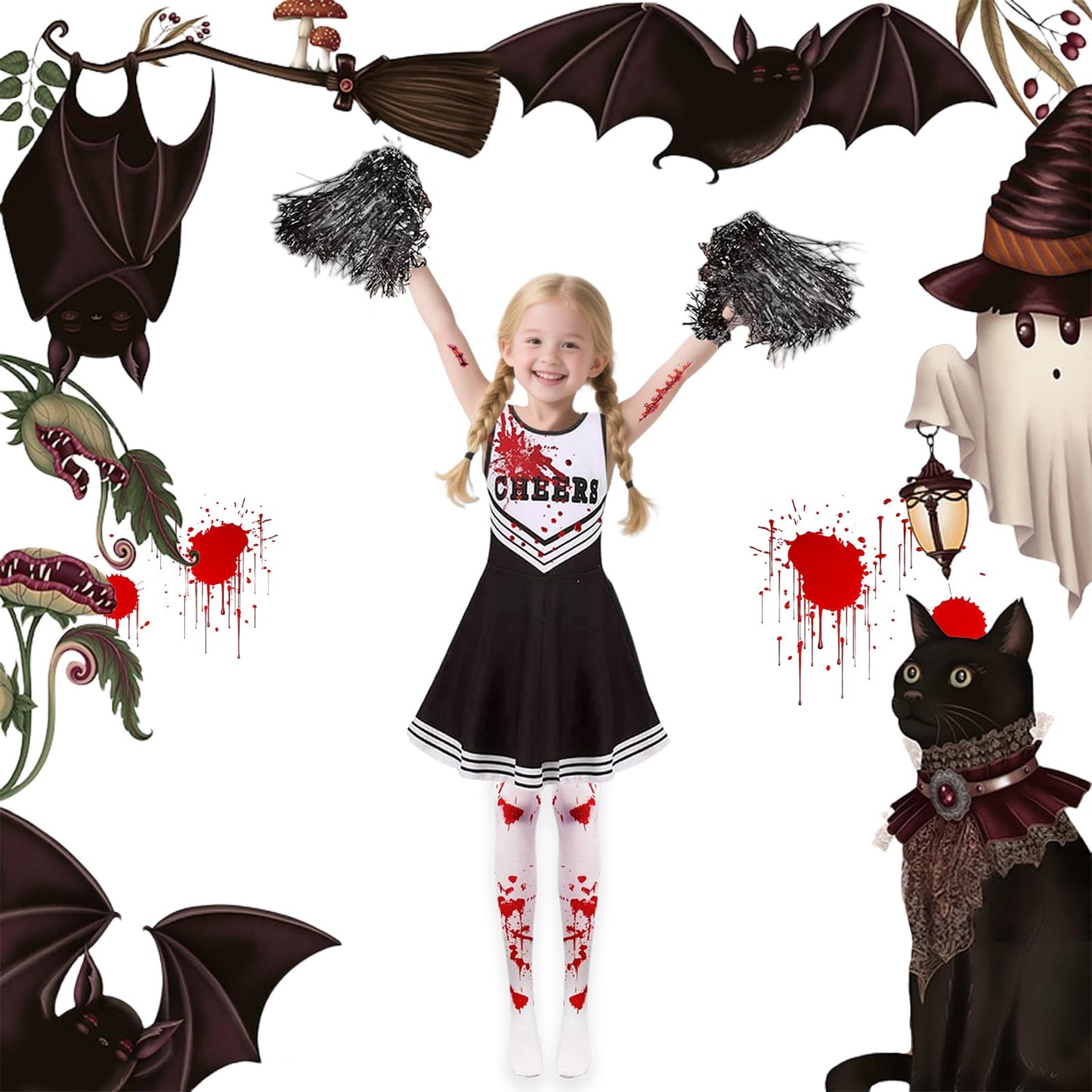 Pddenality 9 PCS 130 Yards Zombie Cheerleader Costume Kids Set, Cheerleader Outfit Kids, Girls Halloween Costume, Zombie School Girl Costumes Suitable for Attending Halloween or Parties
