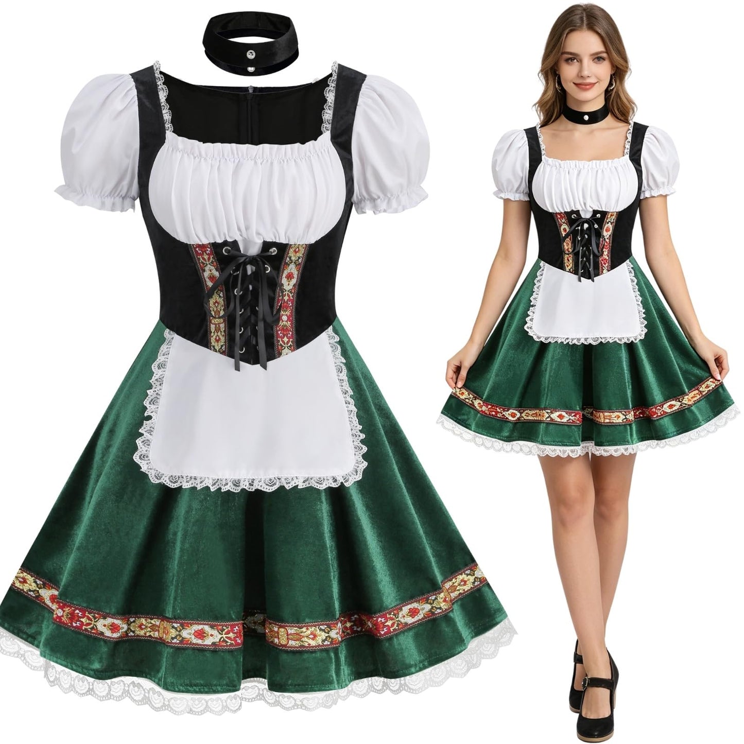 HAPNBCELE Oktoberfest Costume for Womens, German Dirndl Dress Puff-Sleeves Traditional Bavarian Carnival Halloween Outfits (Green, X-Large)