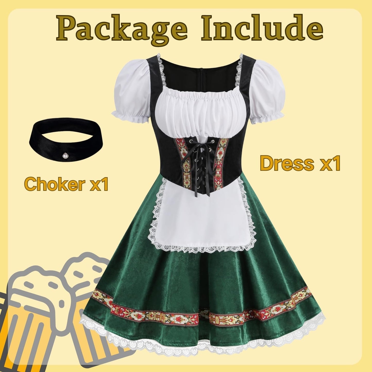 HAPNBCELE Oktoberfest Costume for Womens, German Dirndl Dress Puff-Sleeves Traditional Bavarian Carnival Halloween Outfits (Green, X-Large)