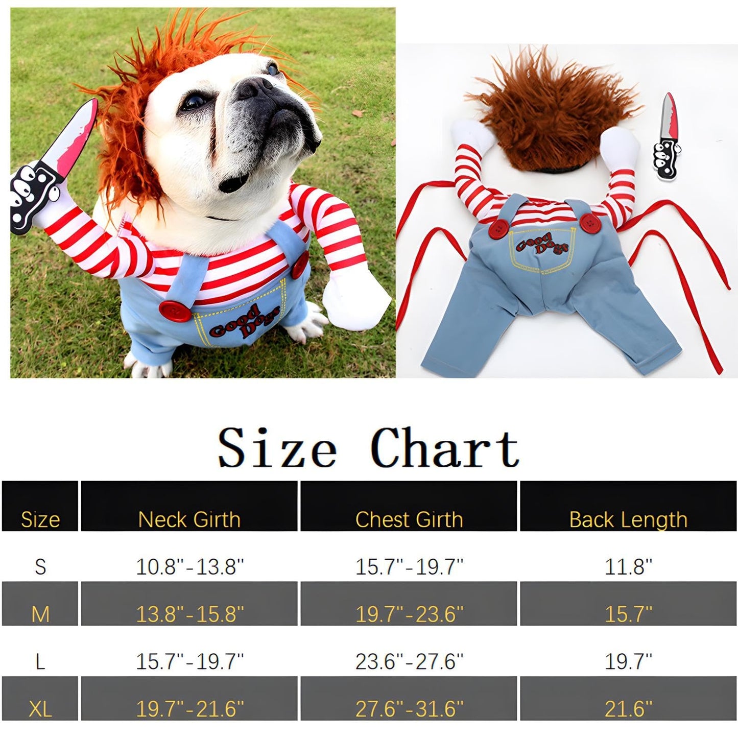 DELIFUR Dog Chucky Costume Pet Halloween Clothes Cat Cosplay Party Suit Funny Dog Costume Small to Large Dogs(L)