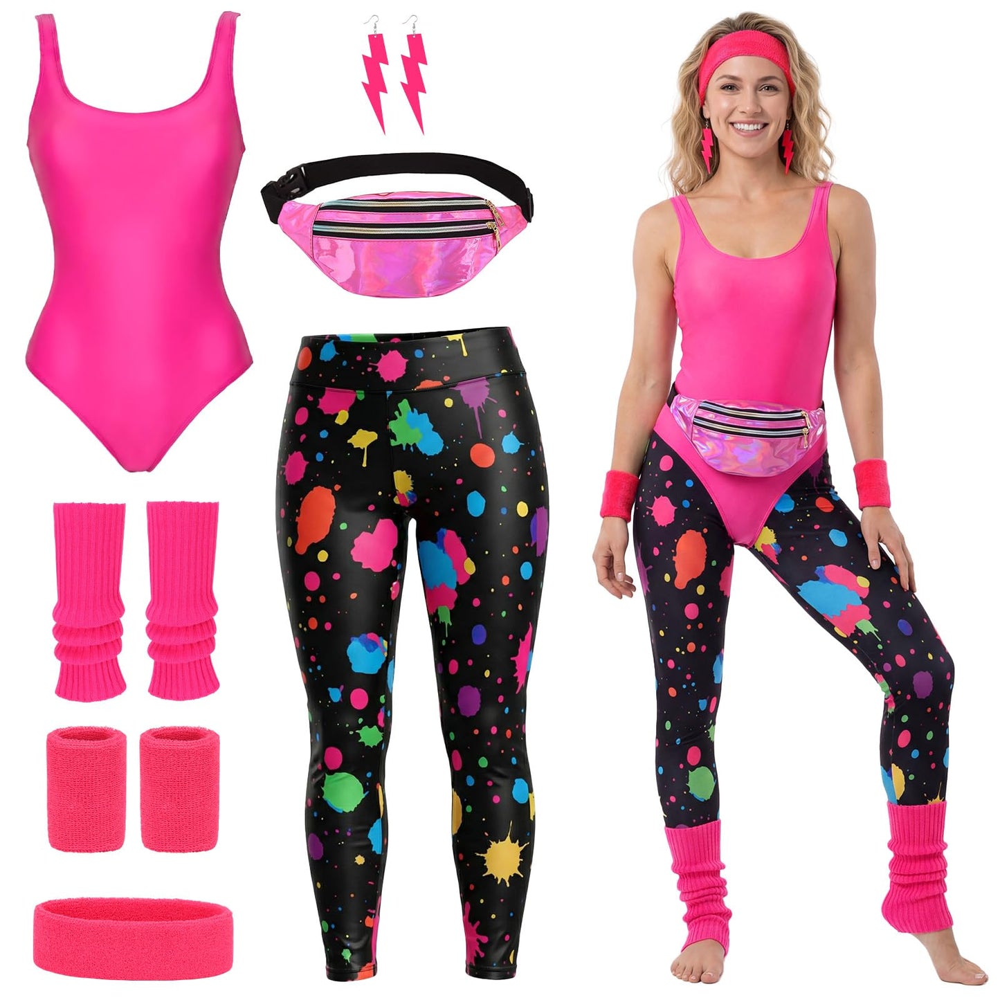 QYCHHJ 80s Fancy Dress for women 80s Costume Outfits 90s Retro Accessories Set for Girls 1980s Workout Costume Fancy Dress Party Kits Adult Aerobics Outfit Yoga Jumpsuit Leotard Legging Headband L