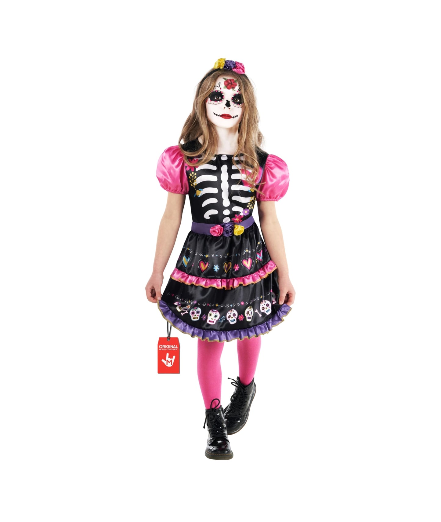 Morph Day Of The Dead Costume For Girls - Sugar Skull Dress Up Outfit For Kids - Halloween Costume Accessory, 7-9 Years