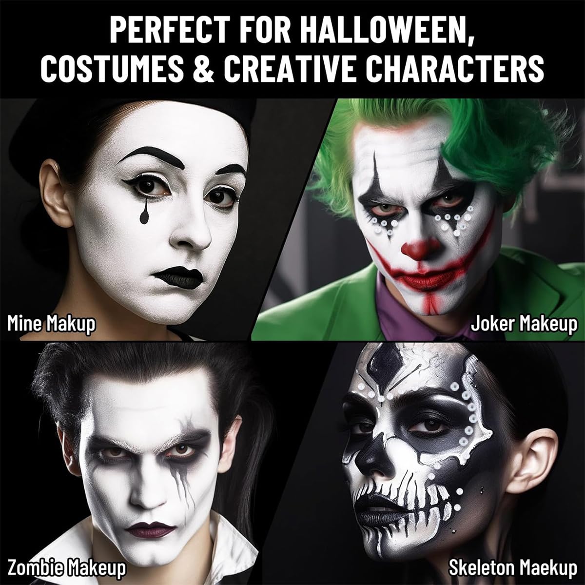 Tikerwang Halloween Makeup Kit - Black & White Face Paint Kit, Halloween Makeup Includes Paint, Brush, Costume Accessories Crystal Sheet for Skeleton SFX, Vampire, Skull Makeup (Model A)