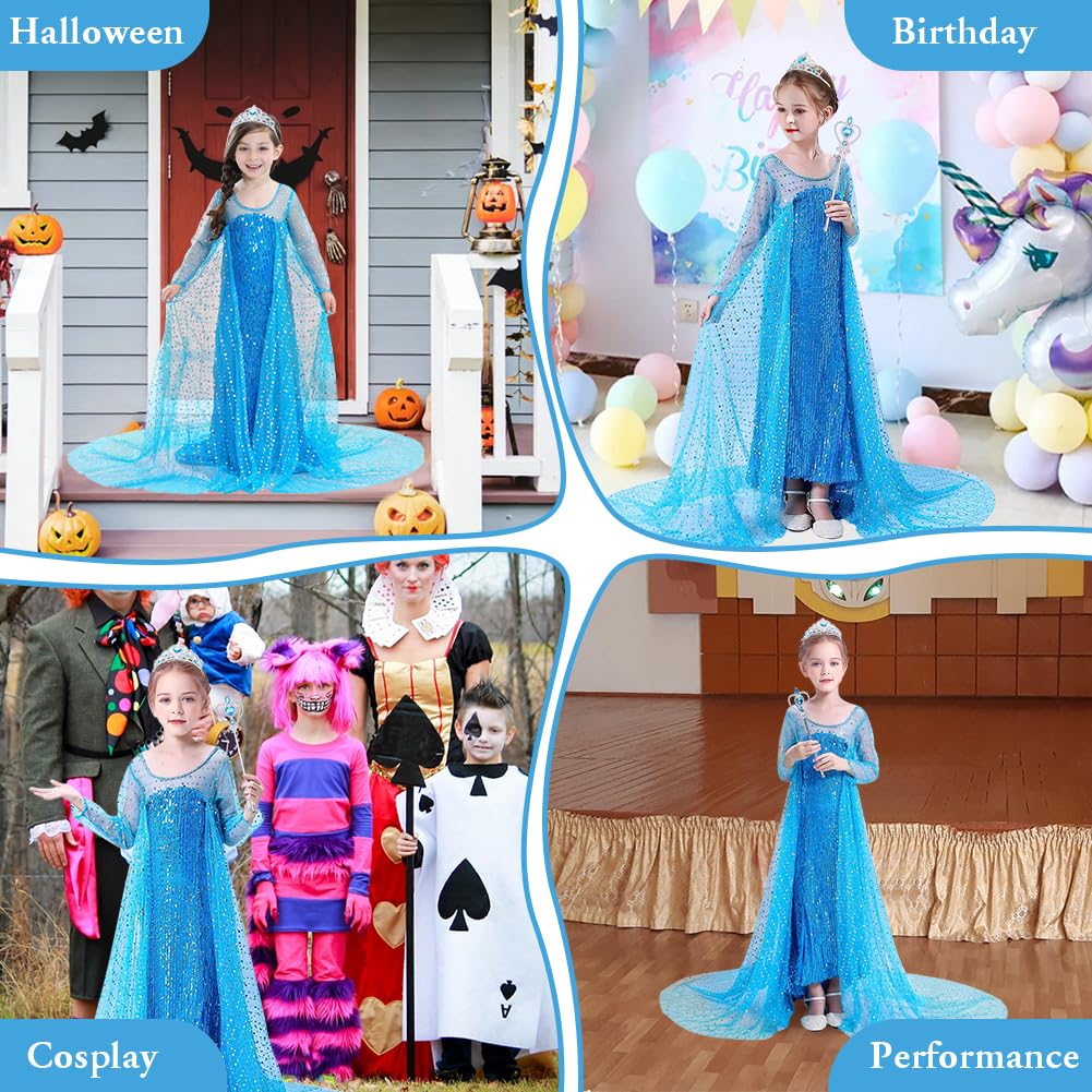 ACWOO Princess Dress, Princess Costume with Fairy Wand and Crown Tiara, Fancy Dress for Girls, Deluxe Shining Snow Queen Fancy Dress for Birthday, Halloween, Cosplay, Party, Bridesmaid