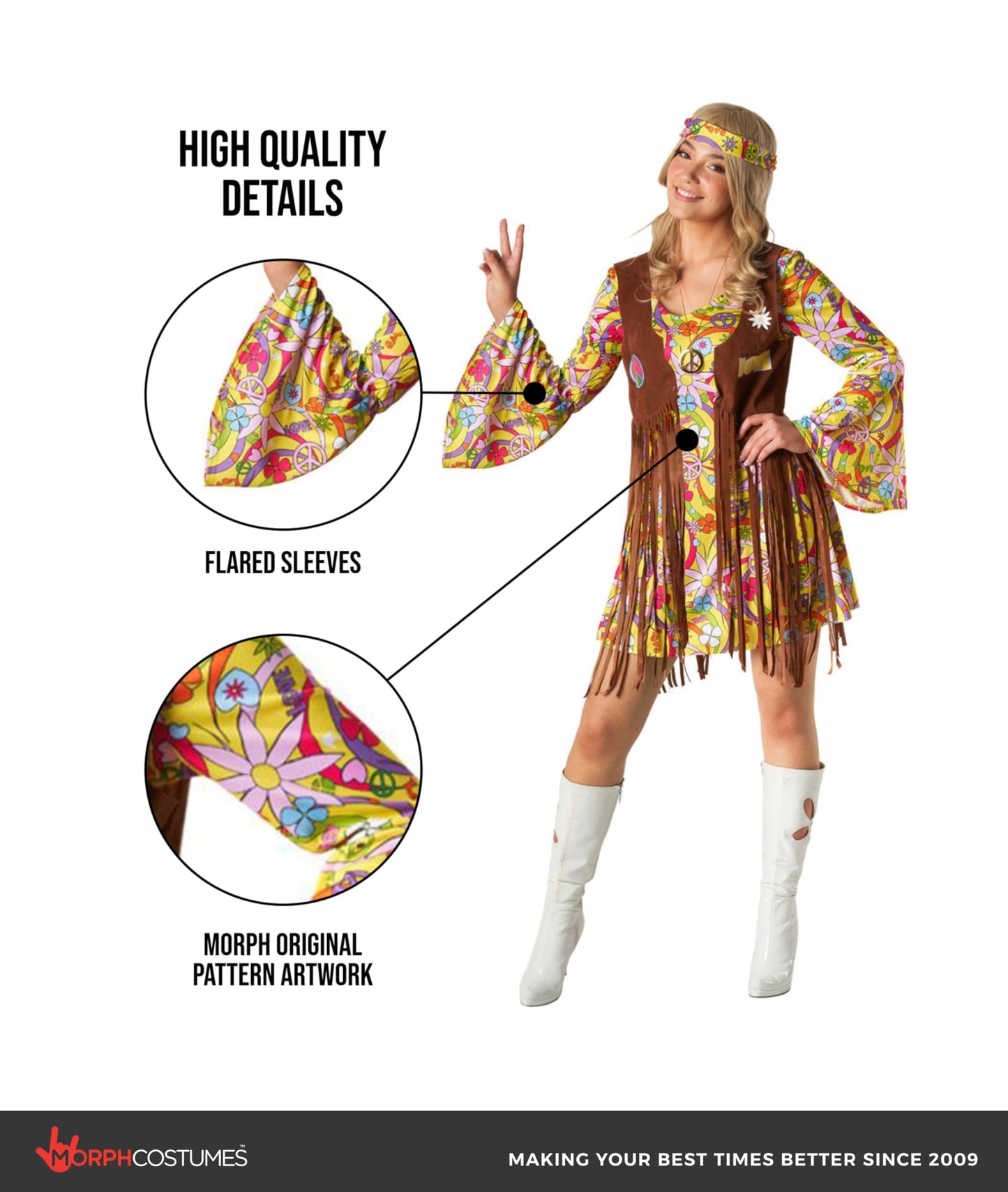 Morph Women's 70s Hippie Costume Yellow Dress With Separate Faux-Suede Vest And Headtie, Adult, Female, Plus Size, Halloween, Carnival