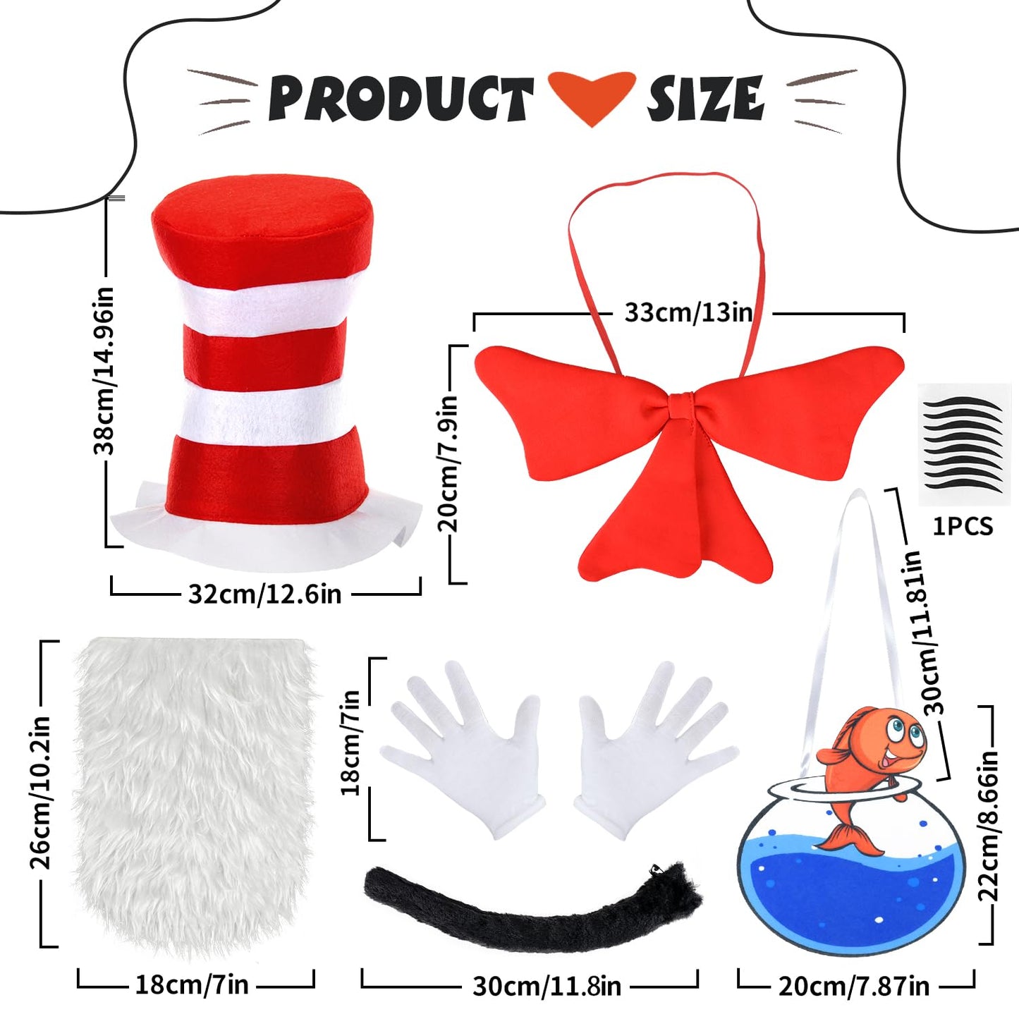 Cat Costume Set Red & White Hat Bow Tie Tail Fake Fish Tank - Cat