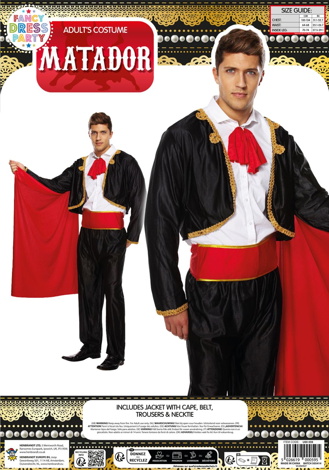 HENBRANDT Adult Men's Matador Deluxe Fancy Dress Costume - Spanish Traje de Luces Bullfighter Outfit with Red Cape, Traditional Cultural Costume One Size Fits Most
