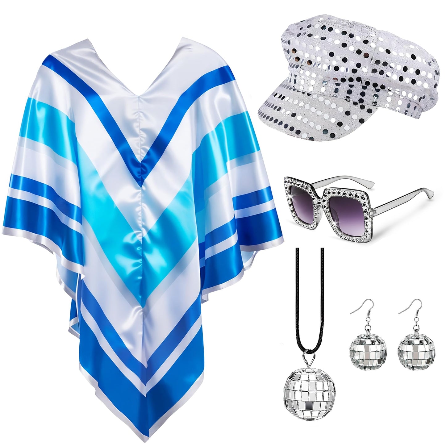 Bryndo 5 Pcs 70s Fancy Dress Set for Women, Disco Costume Accessories with Pop Poncho Sequin Beret Hat Square Bling Sunglasses Earrings Necklace for 70s Theme Party Dress Up (Sliver)