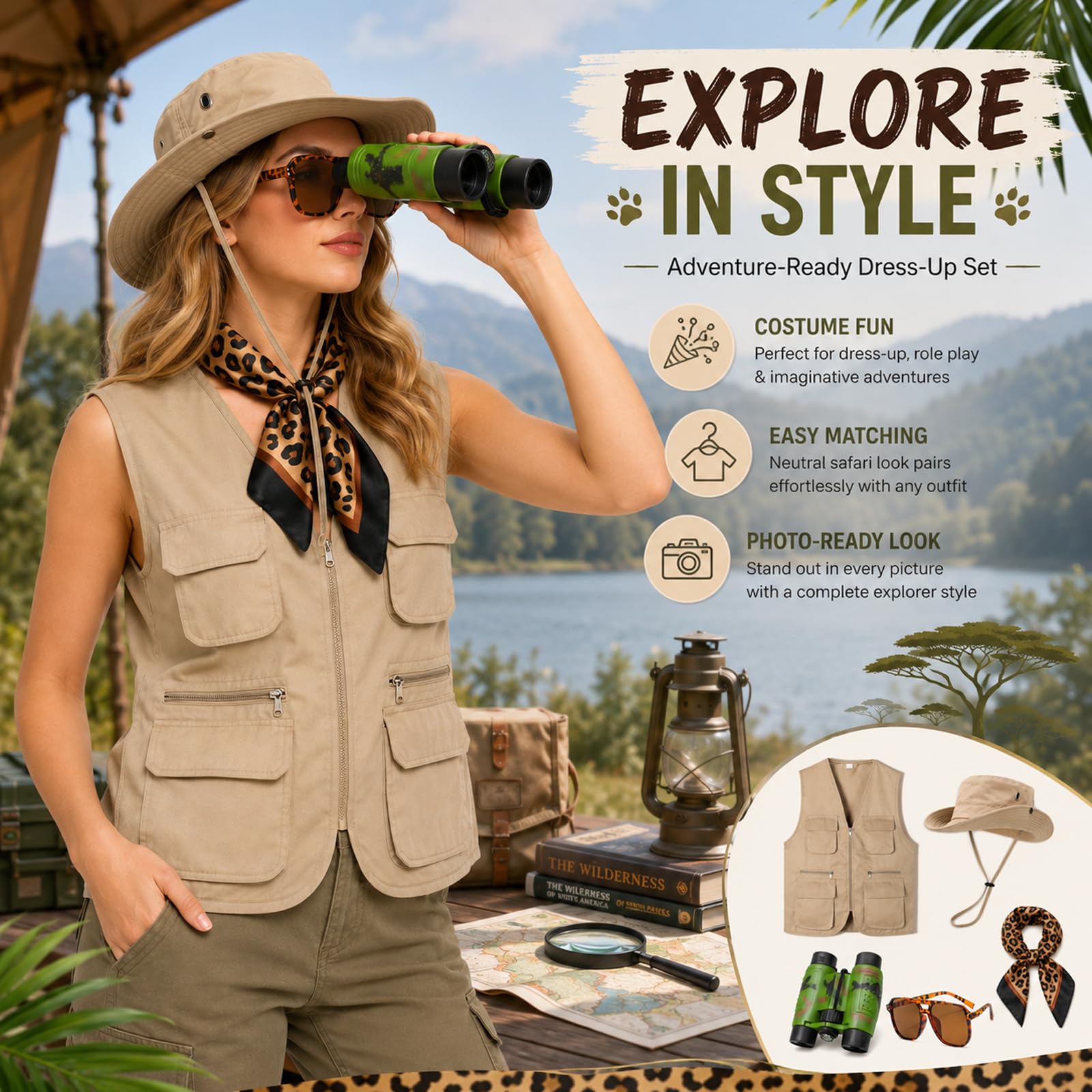 Safari Costume Set Safari Vest Outfit Adults with Safaris Hat (image 7)