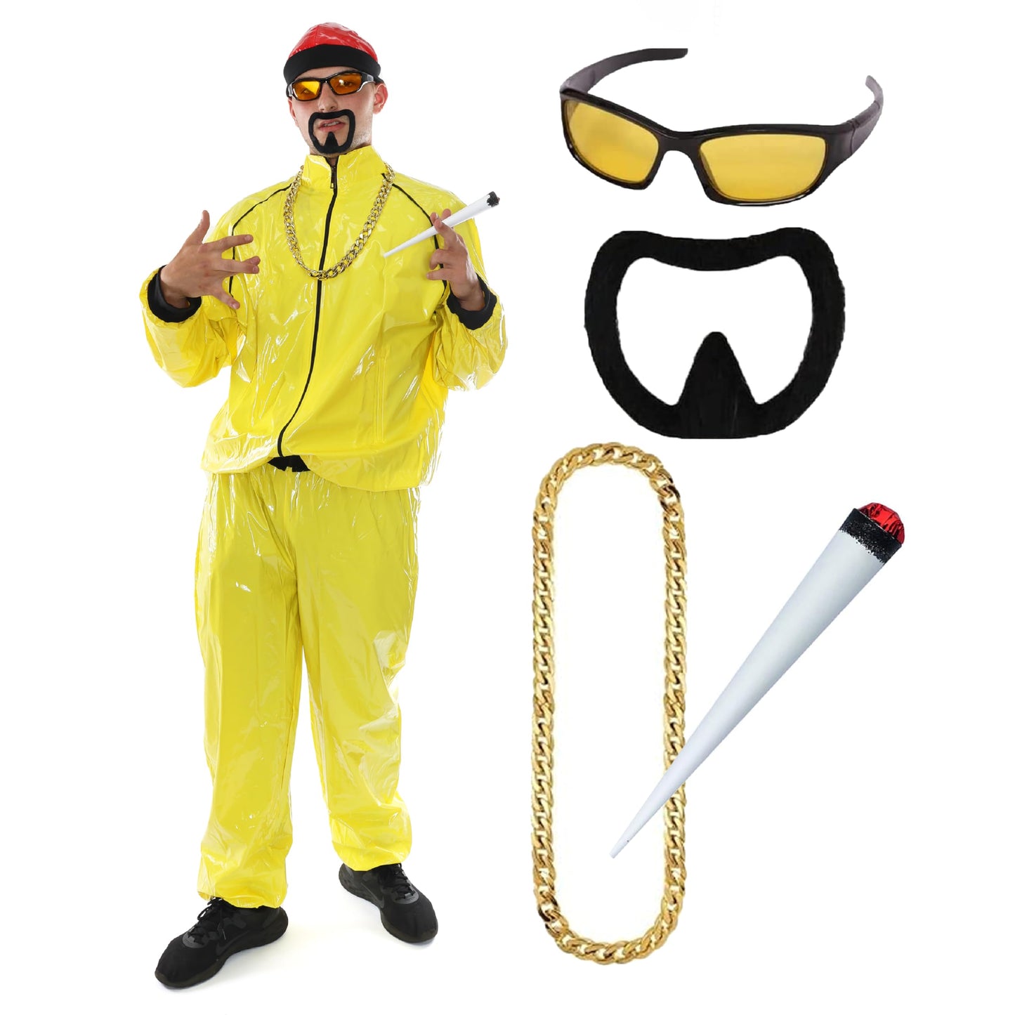 90s Rapper Costume - Large - Adults Yellow & Black Shell Suit + Red Hat + Sunglasses + Gold Chain + Jumbo Spliff + Black Goatee - Funny Rapper Halloween Stag Do Fancy Dress Costume