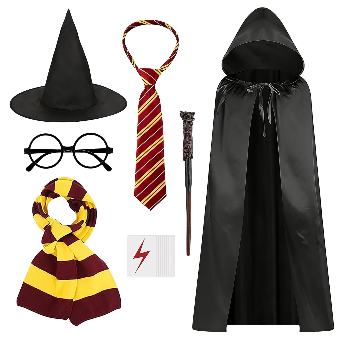 DABAOOU 7pcs Wizard Cape Costume Accessories Set, Halloween World Book Day Fancy Dress Adults, Black Hooded Cape, Scarf, Magic Wand, Glasses, Tie, Hat and Tattoo Stickers, Themed Party Cosplay Outfit
