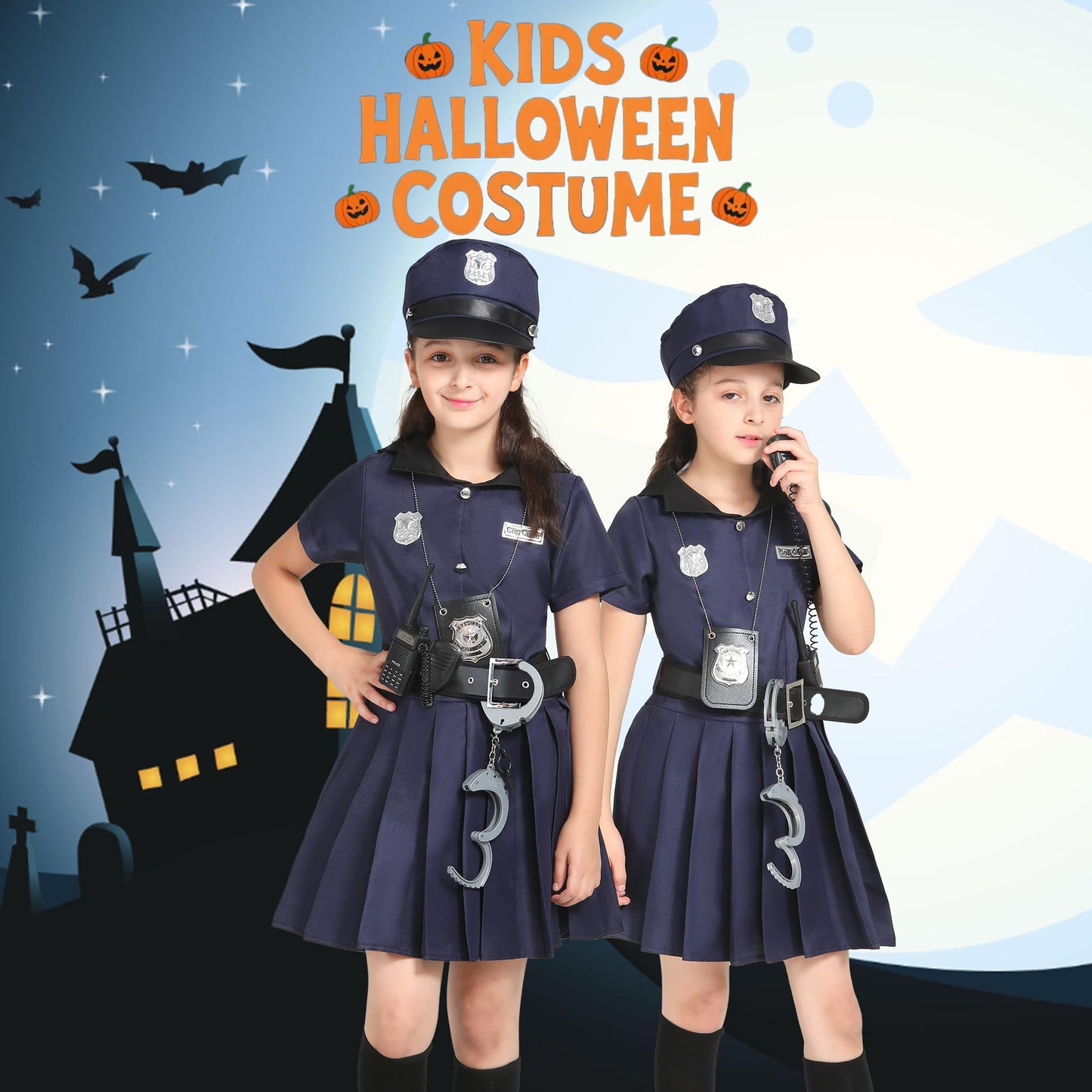 Wizland Kids Police Costume for Girls, Police Uniform Outfit Set for Halloween Fancy Dress Up,12-14years