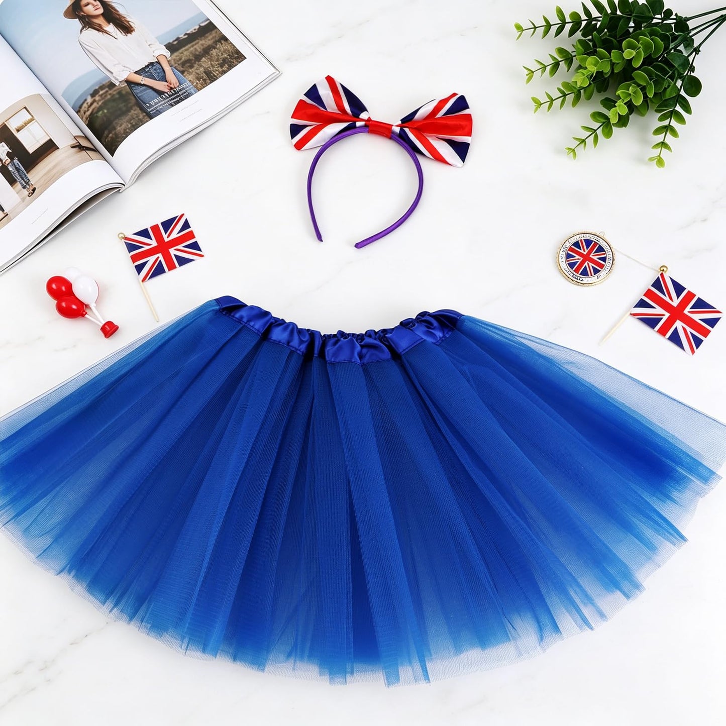 KMLGY 2Pcs Union Jack Costume Set with Union Headband Tutu Skirt for British National Day Royal Event Indoor or Outdoor Street Party Suppies (Blue)