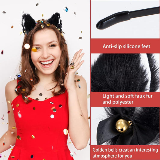 Cat Cosplay Costume Set - Black Cat Ears Headband with Bells