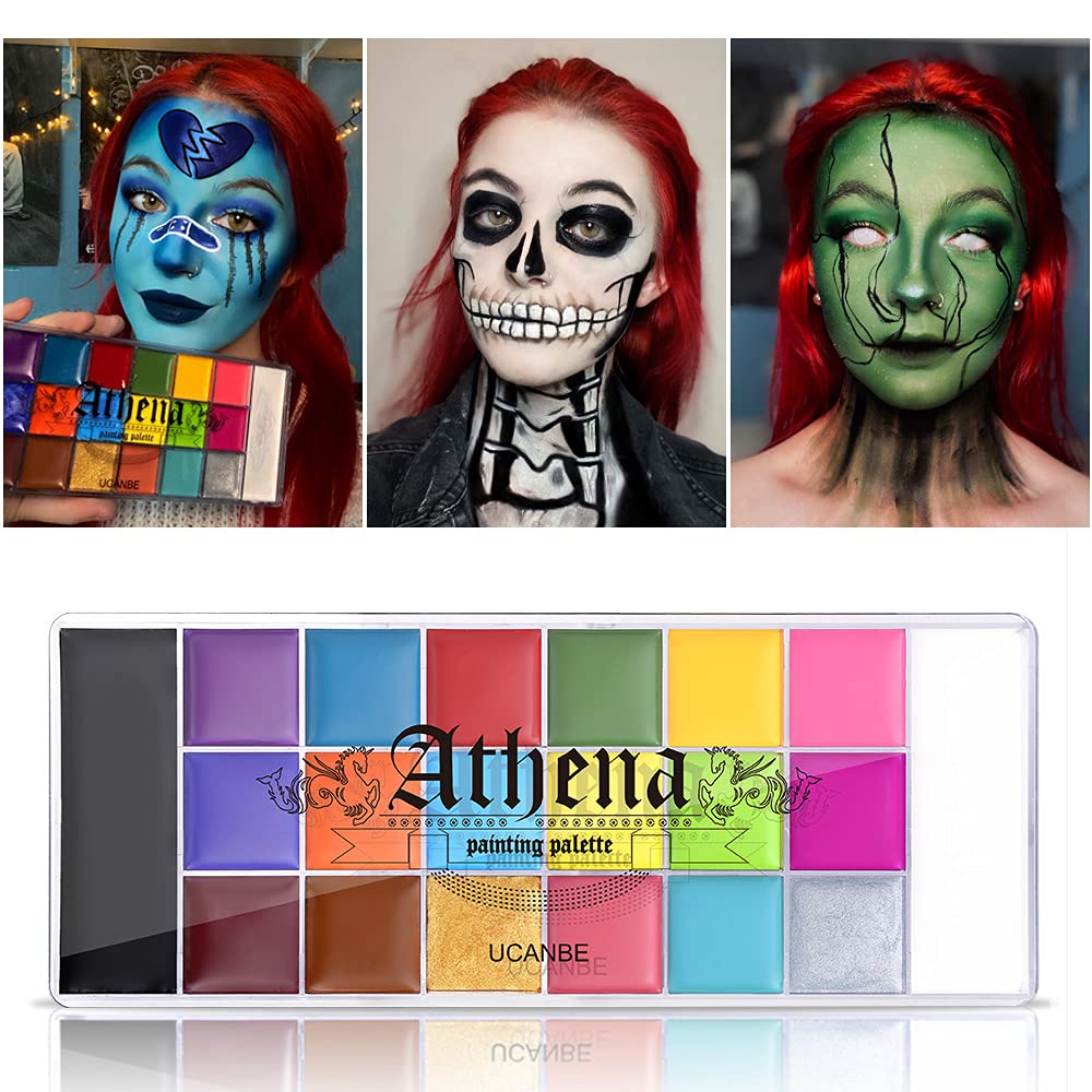 UCANBE Face Body Paint Set - Athena Painting Palette, 10 Professional Artist Brushes - Large Deep Pan,Ideal for Halloween Cosplay Party SFX Arty Stage Makeup, Non-Toxic Facepaints for Adults and Kids