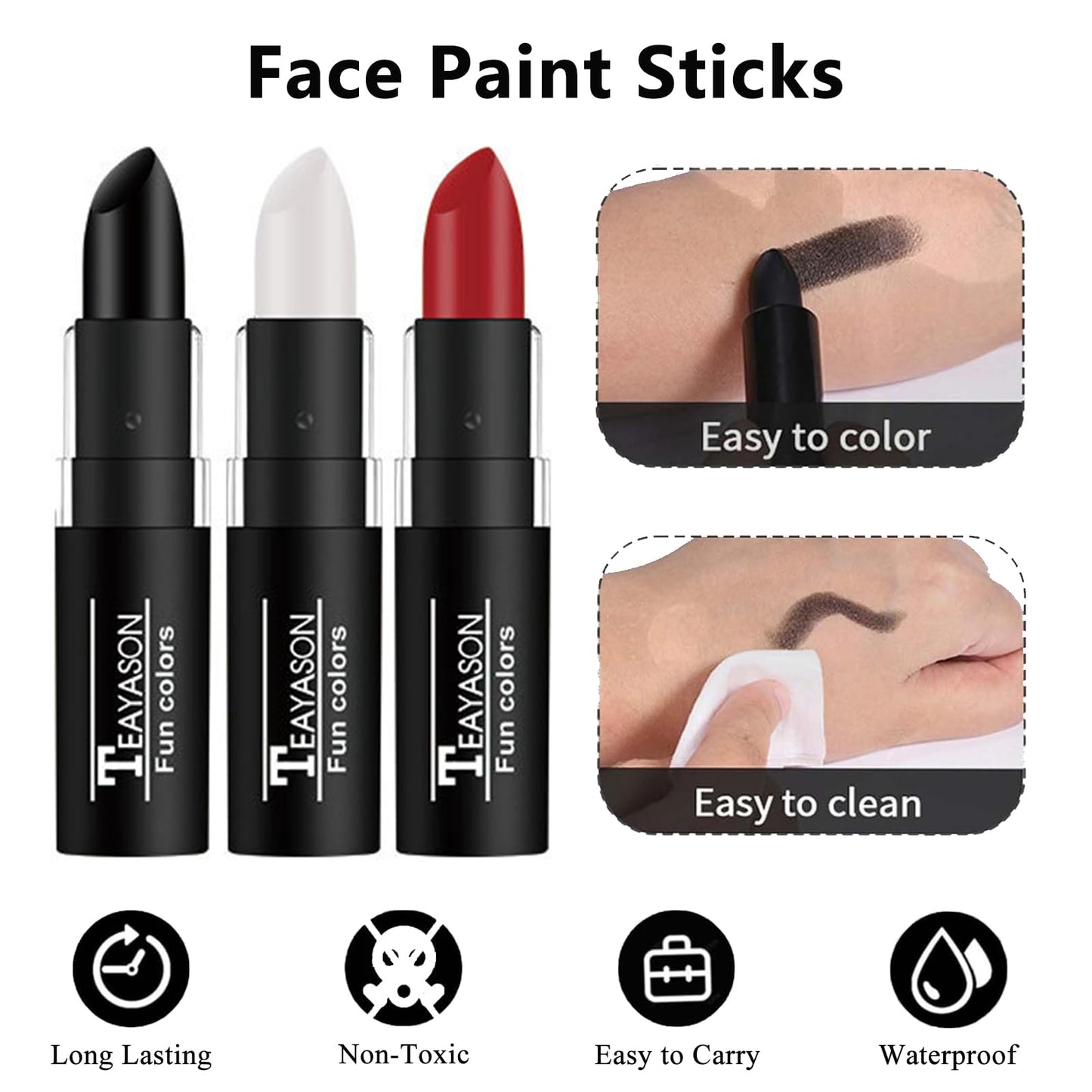 3PCS Halloween Face Painting Kit - Black & White & Red Face Paint Stick Lip Sticks - Waterproof & Durable Face Paint Sticks for Halloween Make Up, Line up, Baseball, Football