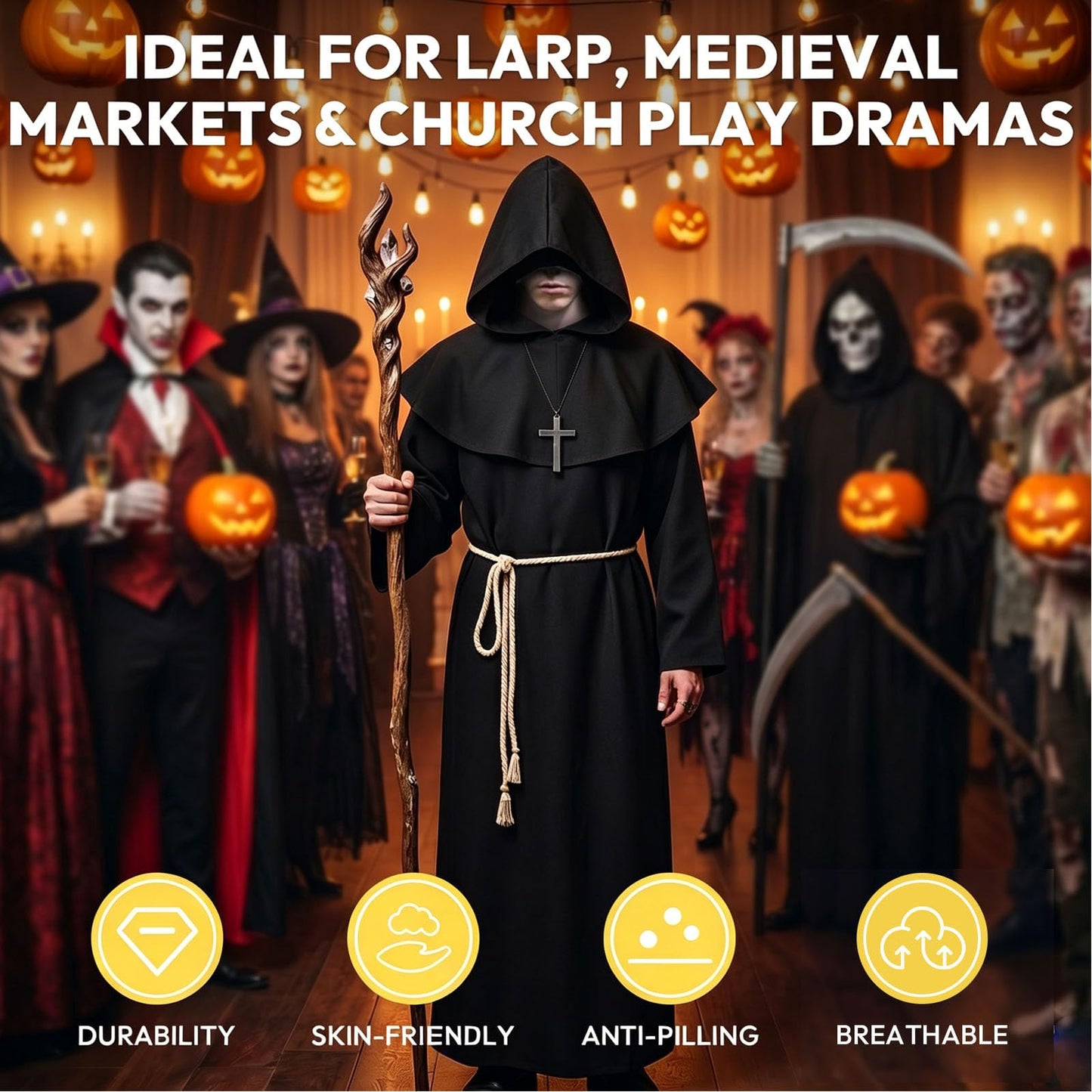 KONVINIT Halloween Monk Costume for Adult Medieval Friar Hooded Monk Black Cape Renaissance Priest Robe Mens Halloween Costumes,black L