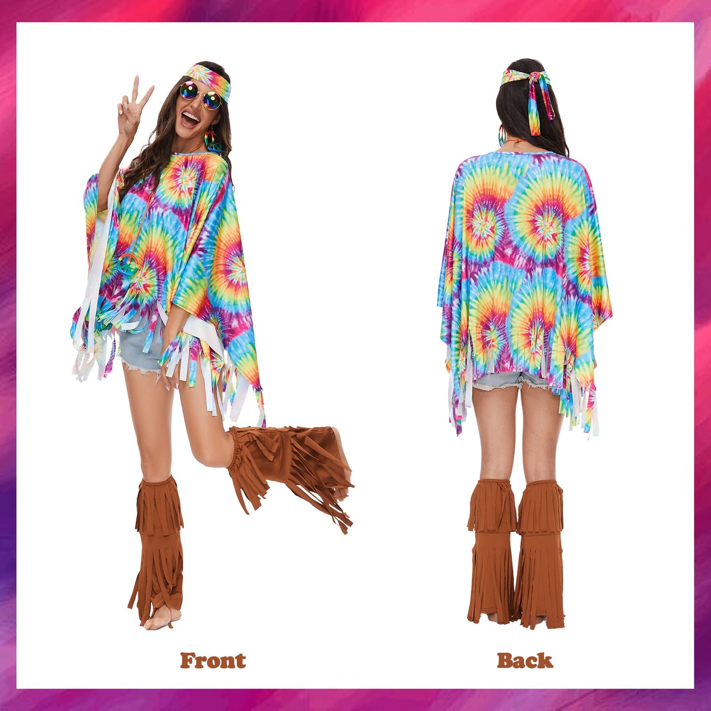 70s Fancy Dress Women Disco Hippie Costume Outfits 7 Pieces Accessories Set Fringe Leg Warmers Boho Headband Necklace Earrings Sunglasses for Party Halloween, bandhnu
