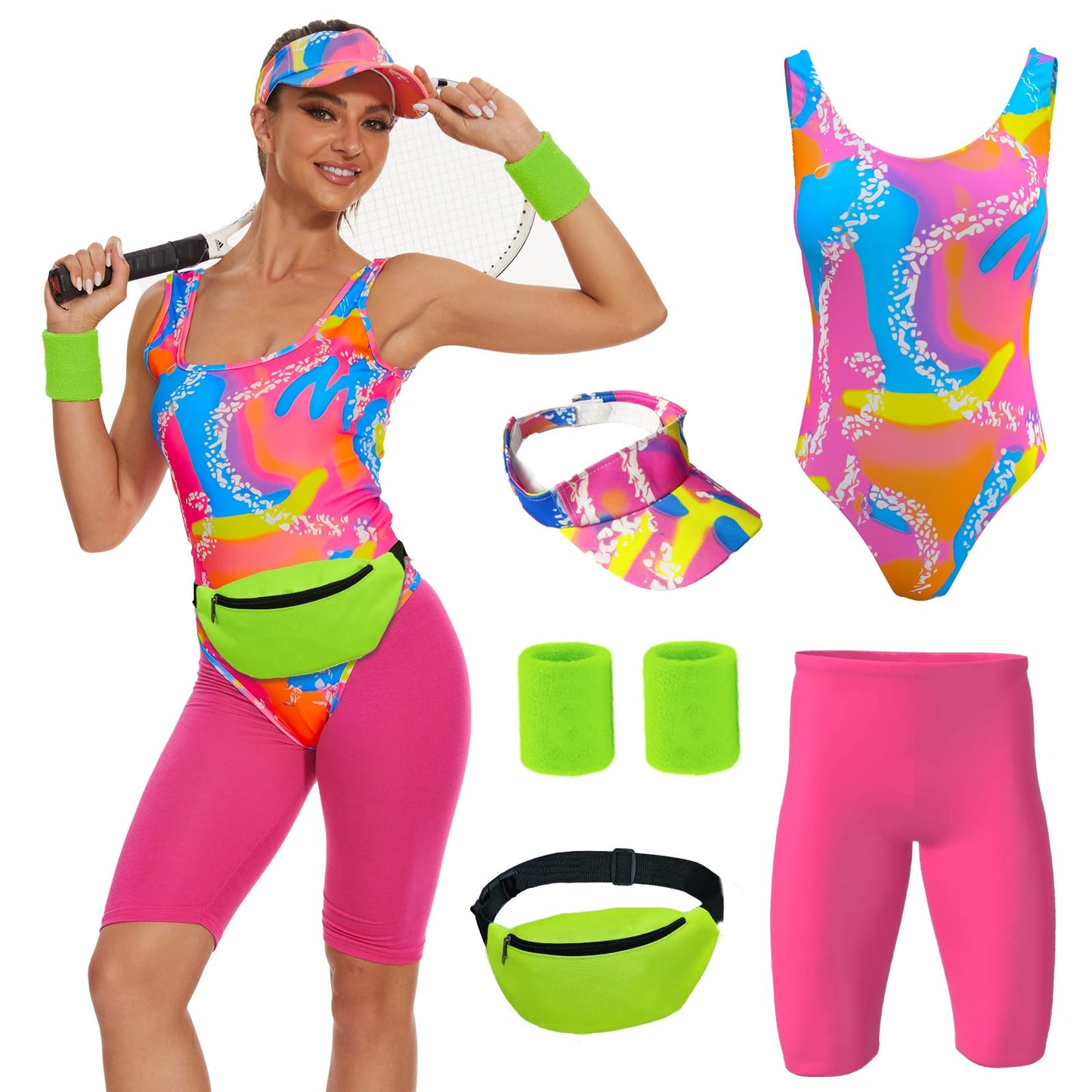 OPAEHJF 80s Workout Costume for Women Halloween Cosplay Couples Outfits Swimwear Suit 80s 90s Workout Costume Outfit 5Pcs Set (S)