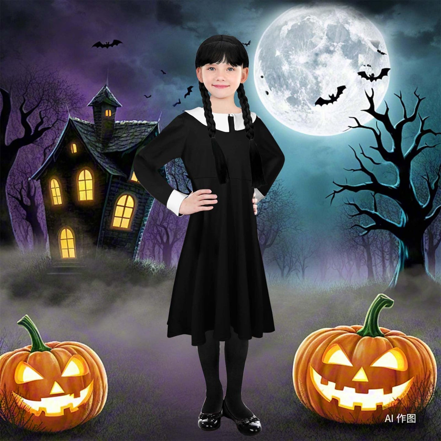 Kavoc 4Pack Halloween Role Play Set Include Black Twins Braided Wig Socks Black Dress for Cosplay Party Supplies (10-12Years Old)