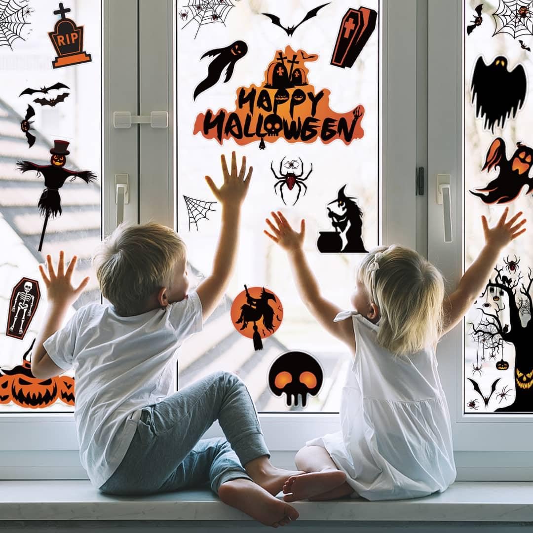 Halloween Decorations | 8 Sheet Halloween Window Stickers Clings Decals | Double Sided Reuseable Bats Spider Ghost Pumpkin Halloween Party |