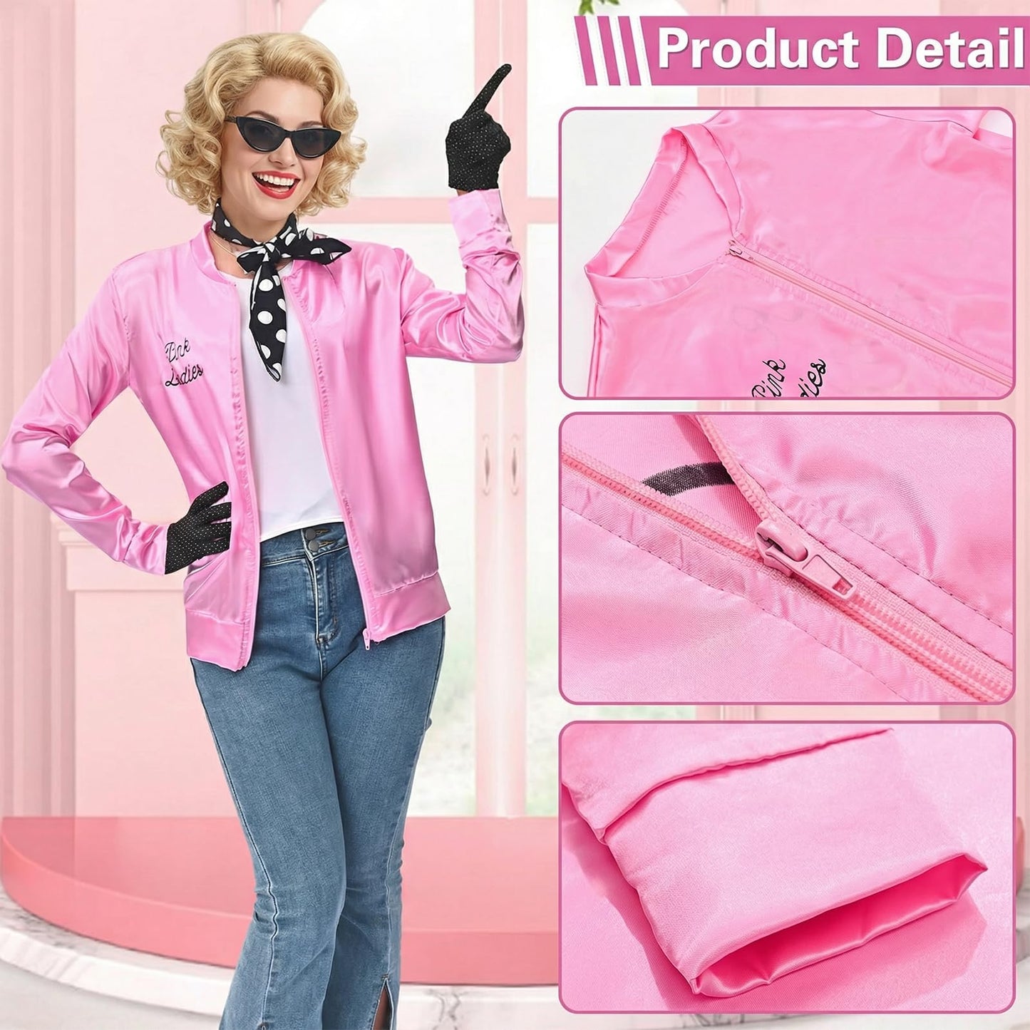 Amycute Women Pink Ladies Jacket 1950s Pink Satin Jacket Grease Fancy Dress