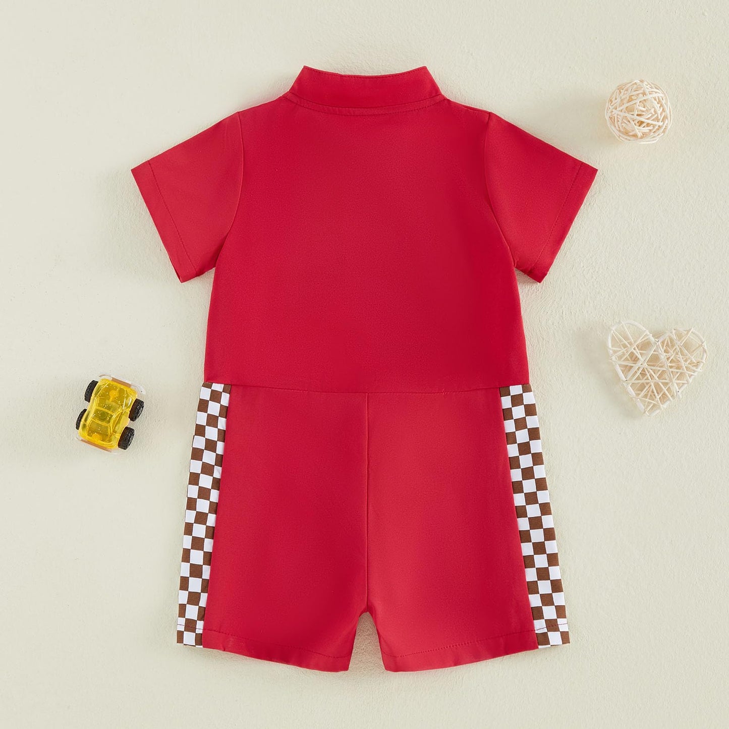 JCOPLY Infant Baby Boy Race Car Driver Romper Newborn Photo Outfit Plaid Number Embroidery Short Sleeve Stand Collar Zip Up Jumpsuit Summer Clothes (Red, 9-12 Months)