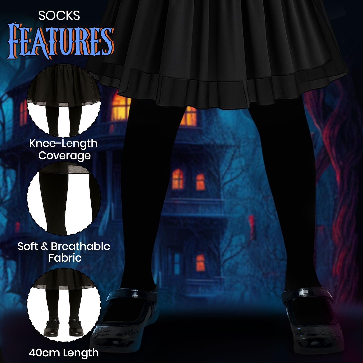 8pc Gothic School Girl Halloween Costume Kids with Gothic Dress and Belt, Kids Black Plaited Wig, Black Gloves, Knee High Socks and Fancy Dress Jewellery - Halloween Costumes for Girls (10-12 Years)