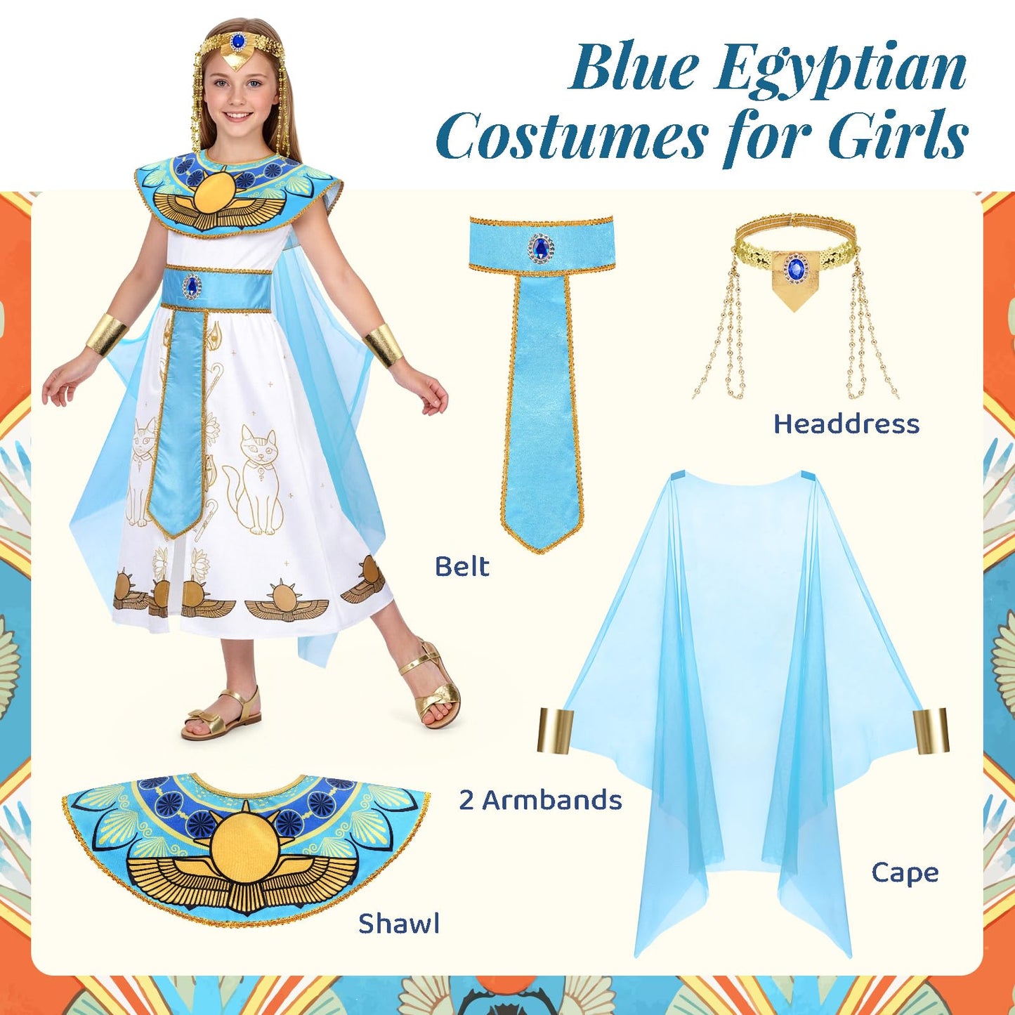 WIKITOT Egyptian Costumes for Girls, Halloween Costumes for Girls Aged 5-13 (M)