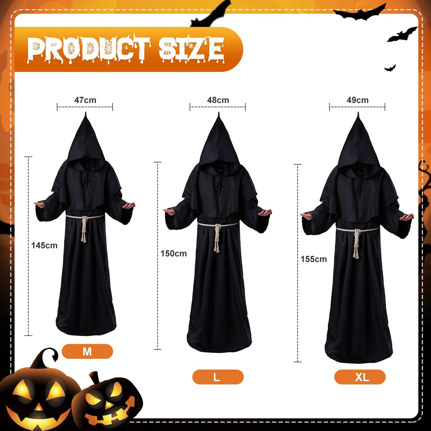 WenYa Monk Costume Set for Adults, Complete Medieval Priest Robe with Detachable Hood, Adjustable Rope Belt and Wooden Cross Necklace for Halloween Cosplay and Renaissance Themed Events