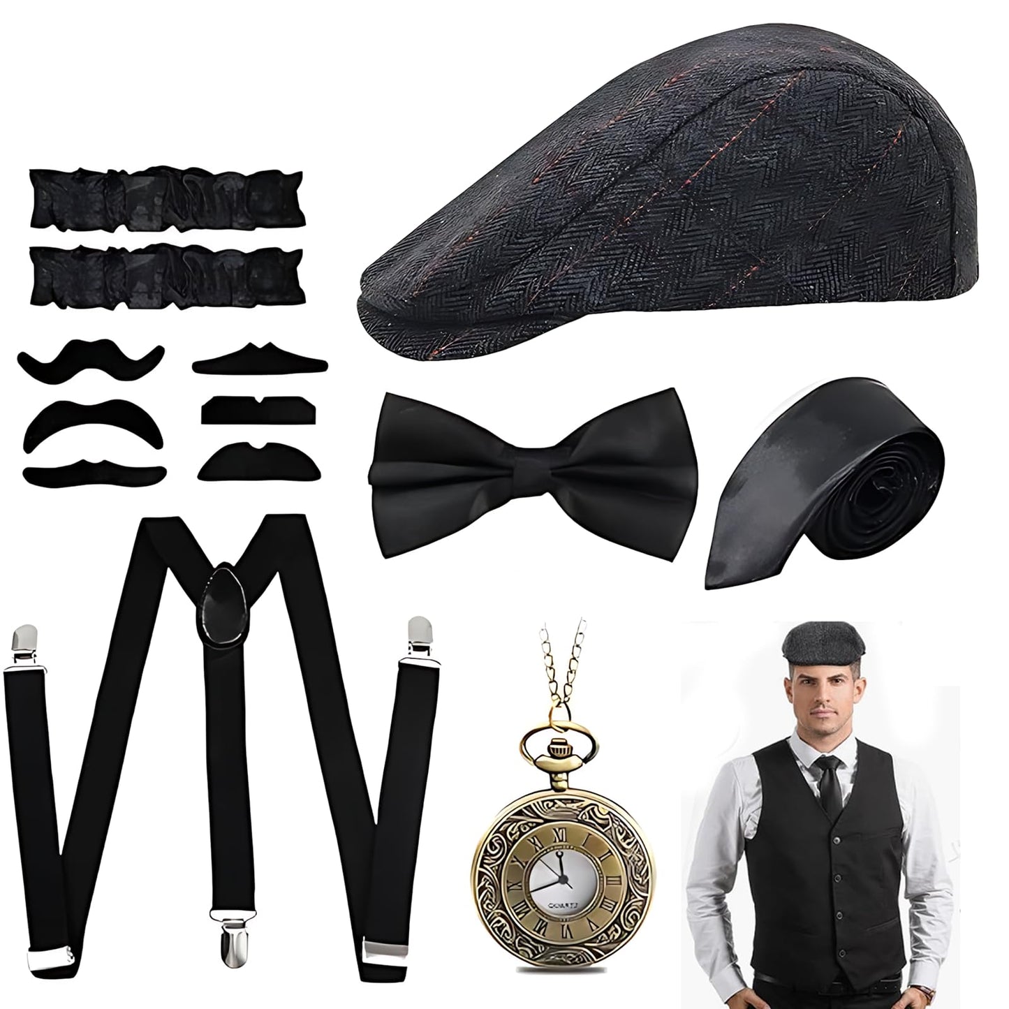 1920s Mens Costume Accessories Set for Gatsby Fancy Dress Bow Tie