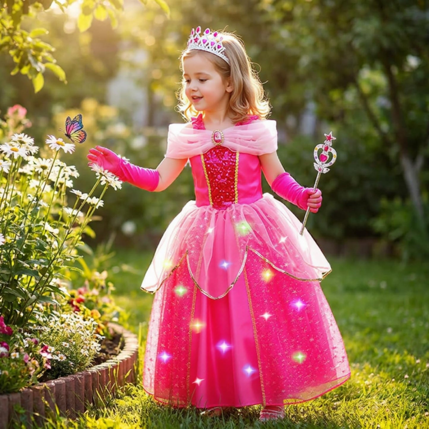 MELAND Princess Costumes for Girls, Sleeping Light Up Princess Dress Up for Girls Age 3-10 Years, Rose Pink Fancy Dress for Kids & Toddlers Birthday Party Costumes (M)