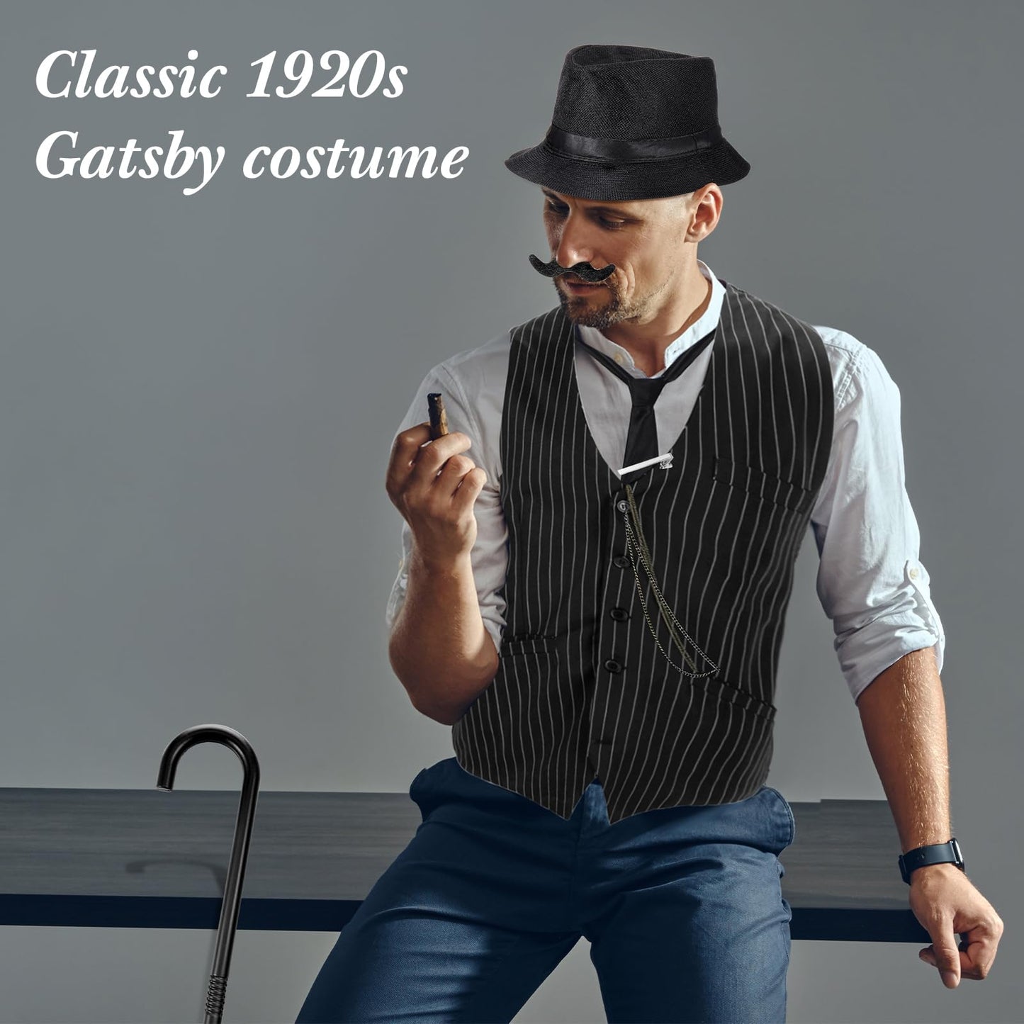 1920s Men's Costume Accessories Set - Vest Hat Suspenders