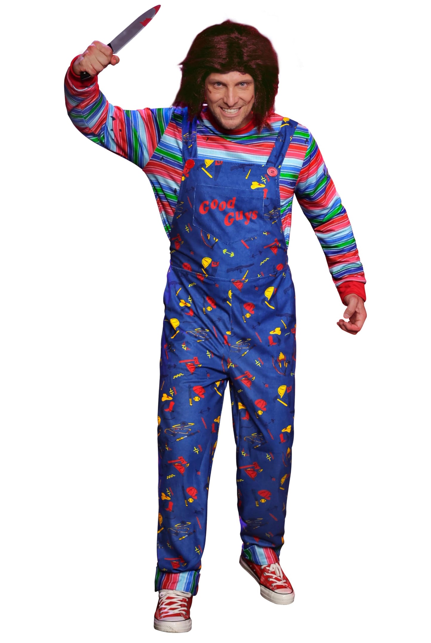 Mainfini Killer Doll Suit Full Set Adult Men Halloween Horror Events Jumpsuit Costume Includes Tshirt Wig Tattoo Scars Prop Accessories Movie Cosplay Group Costume XL