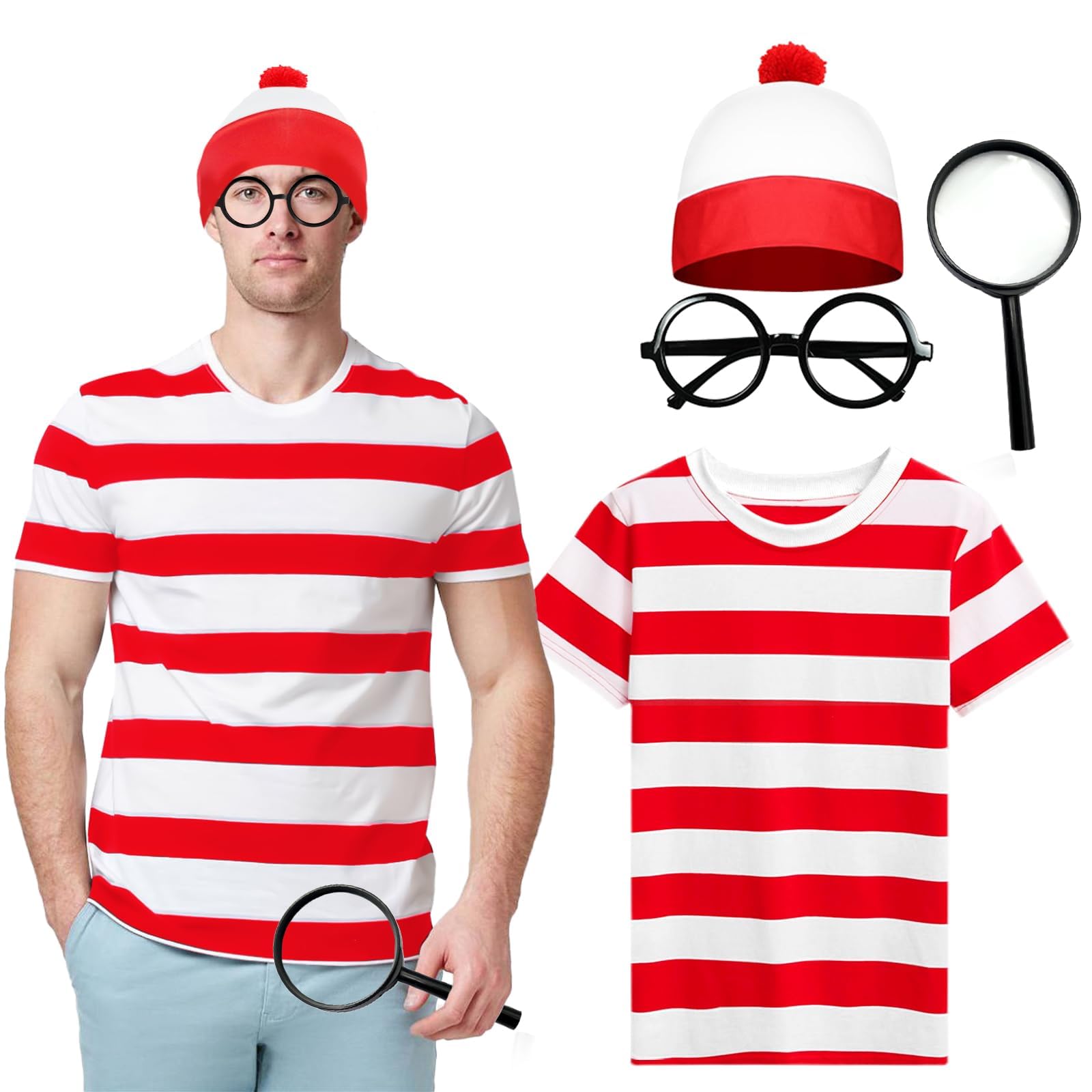 Wally Costume Set for Adults - Unisex Red and White Striped Short